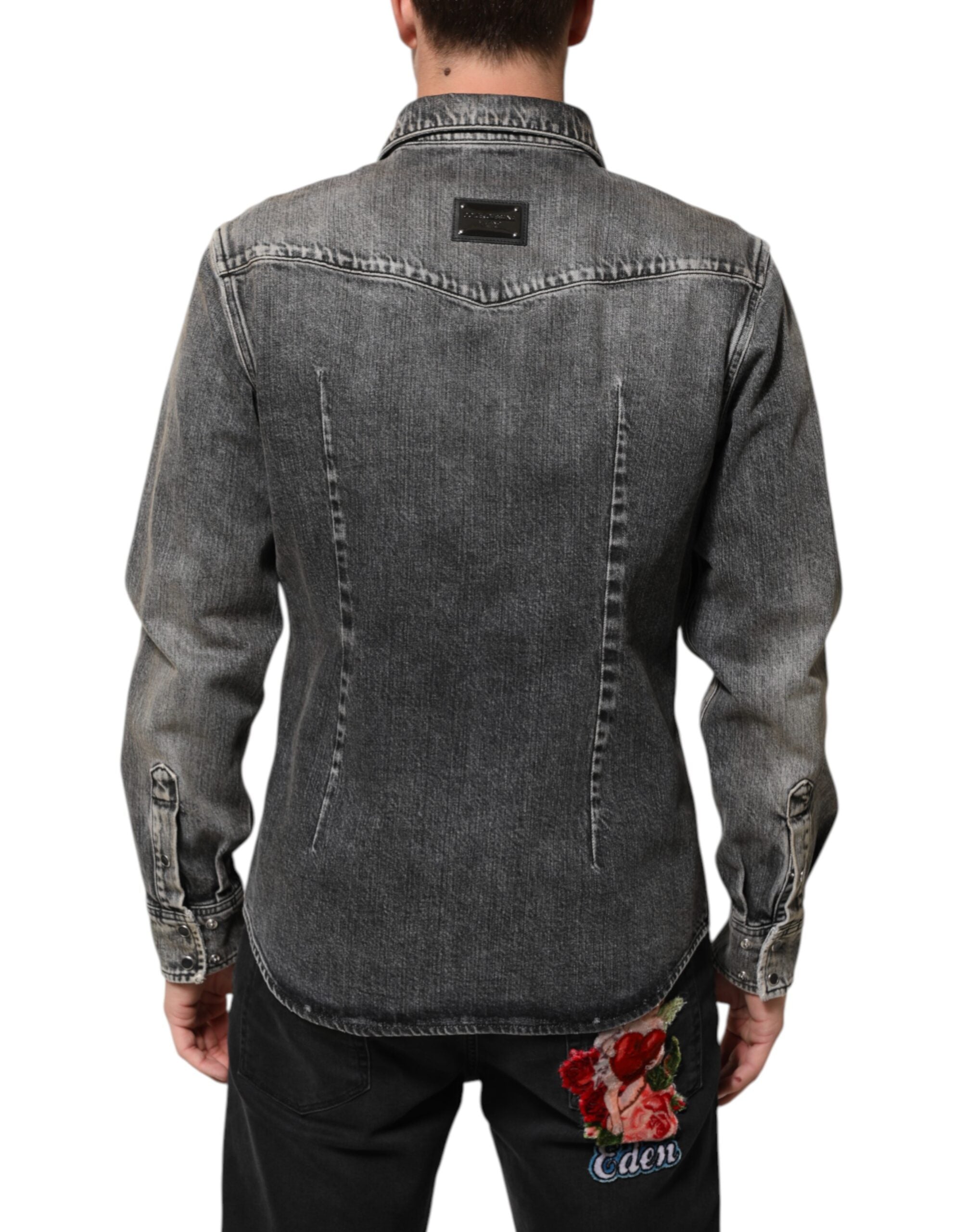 Dolce & Gabbana Black Washed Cotton Snap Long Sleeve Casual Shirt Dolce & Gabbana