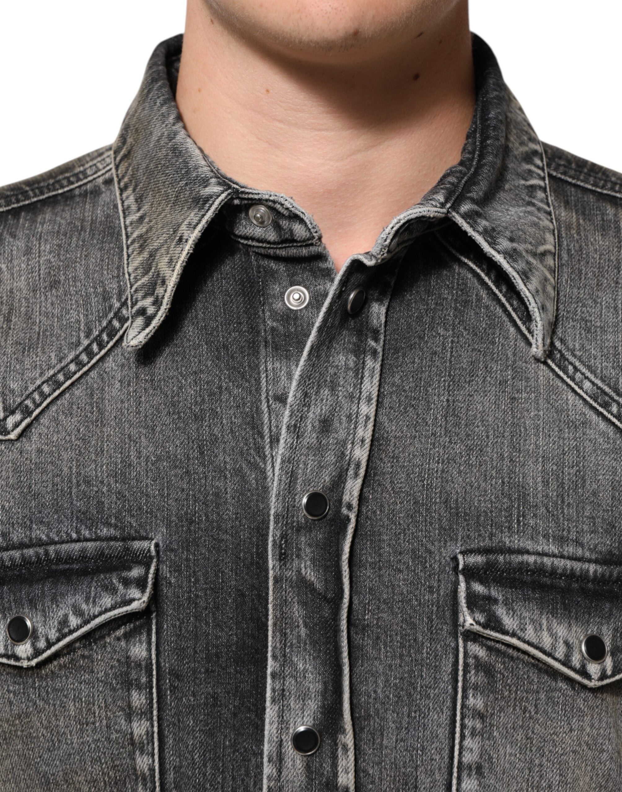 Dolce & Gabbana Black Washed Cotton Snap Long Sleeve Casual Shirt Dolce & Gabbana