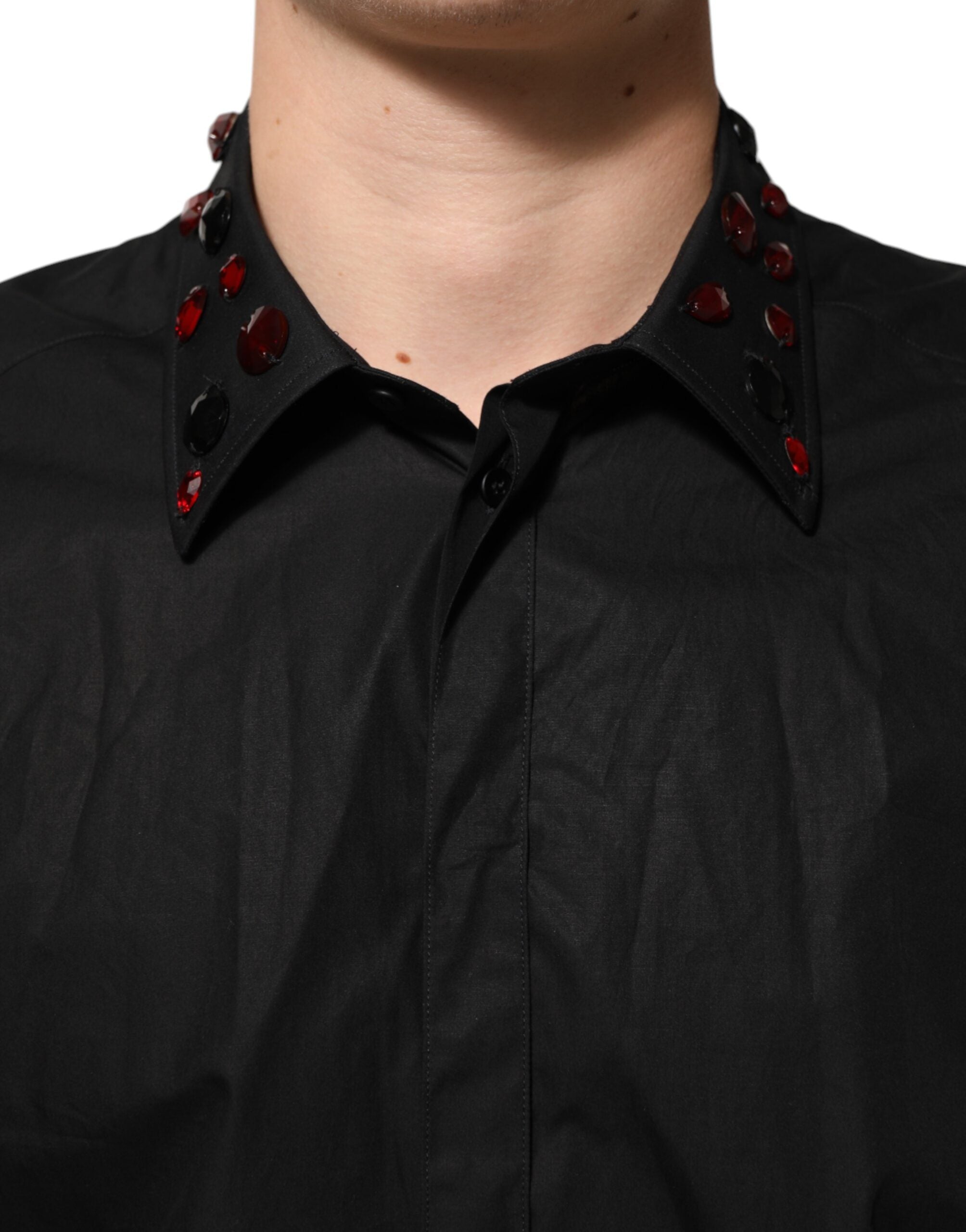 Dolce & Gabbana Black Cotton Embellished Collar Men’s Shirt Dolce & Gabbana
