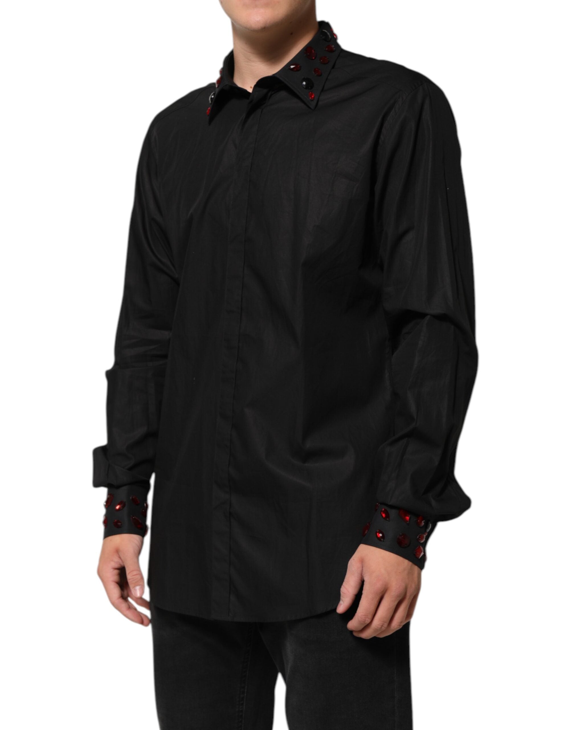 Dolce & Gabbana Black Cotton Embellished Collar Men’s Shirt Dolce & Gabbana