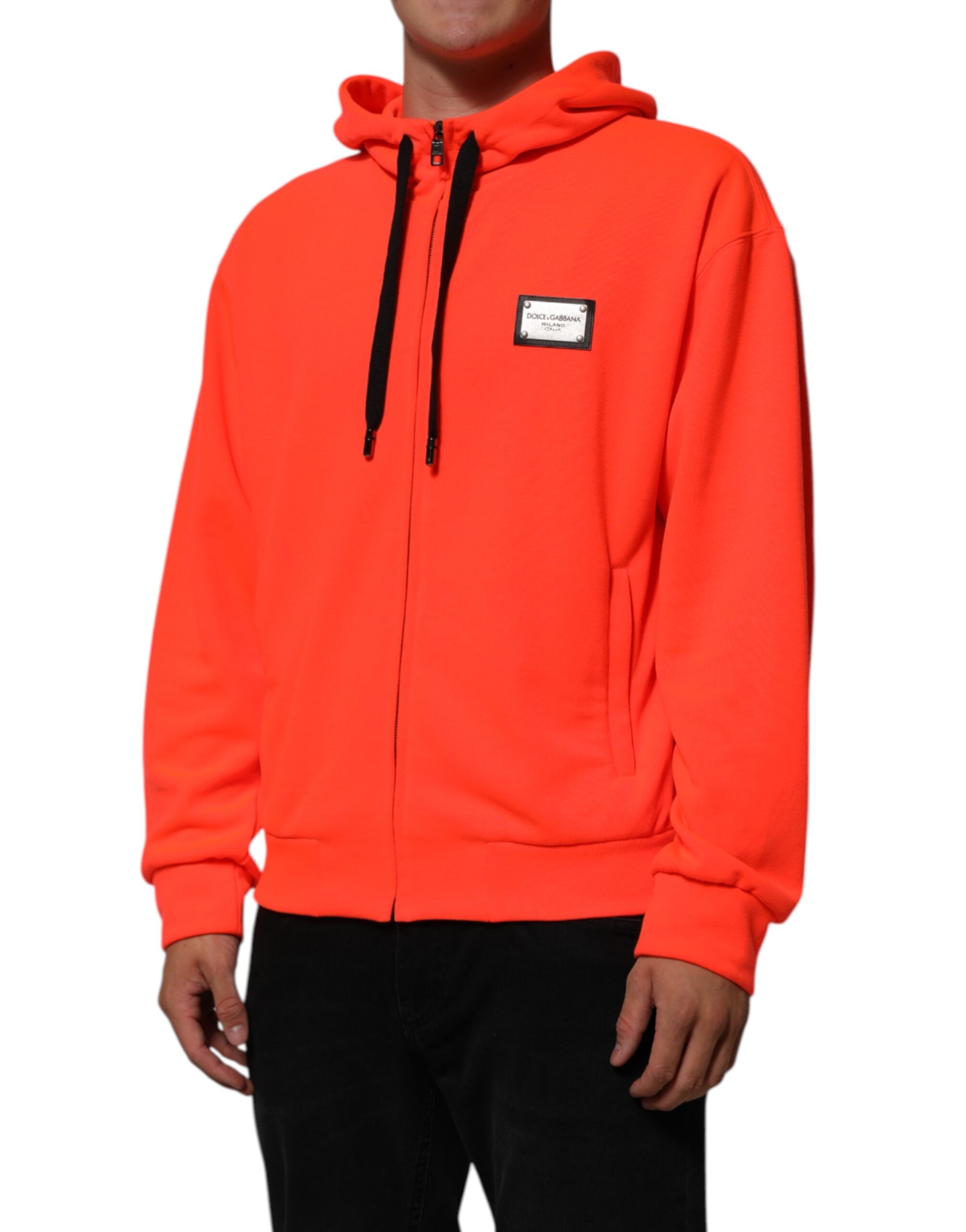 Dolce & Gabbana Red Fluorescent Polyester Logo Patch Hoodie Sweater Dolce & Gabbana