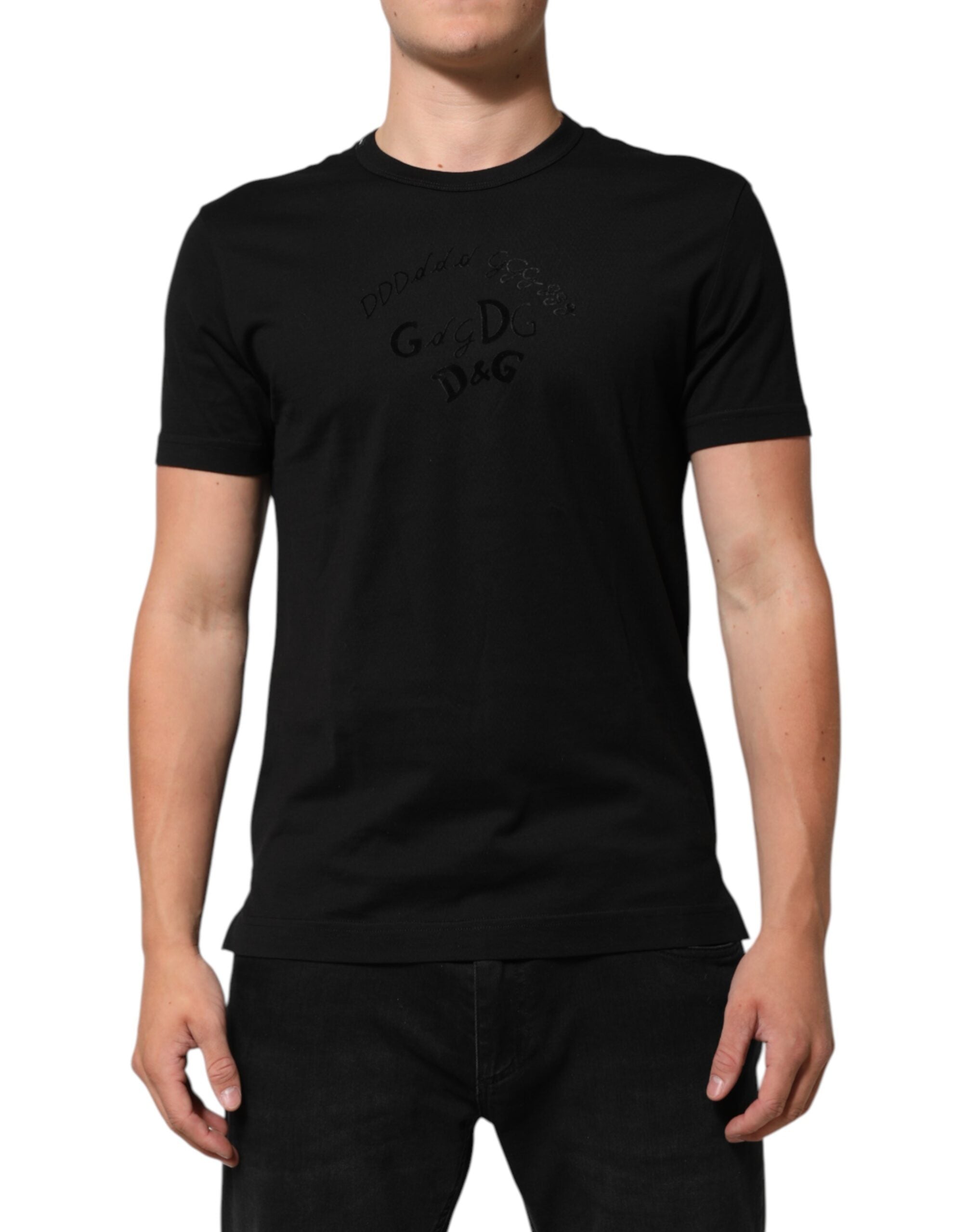 Dolce & Gabbana Black Cotton Velvet Logo Print Men T-shirt Dolce & Gabbana