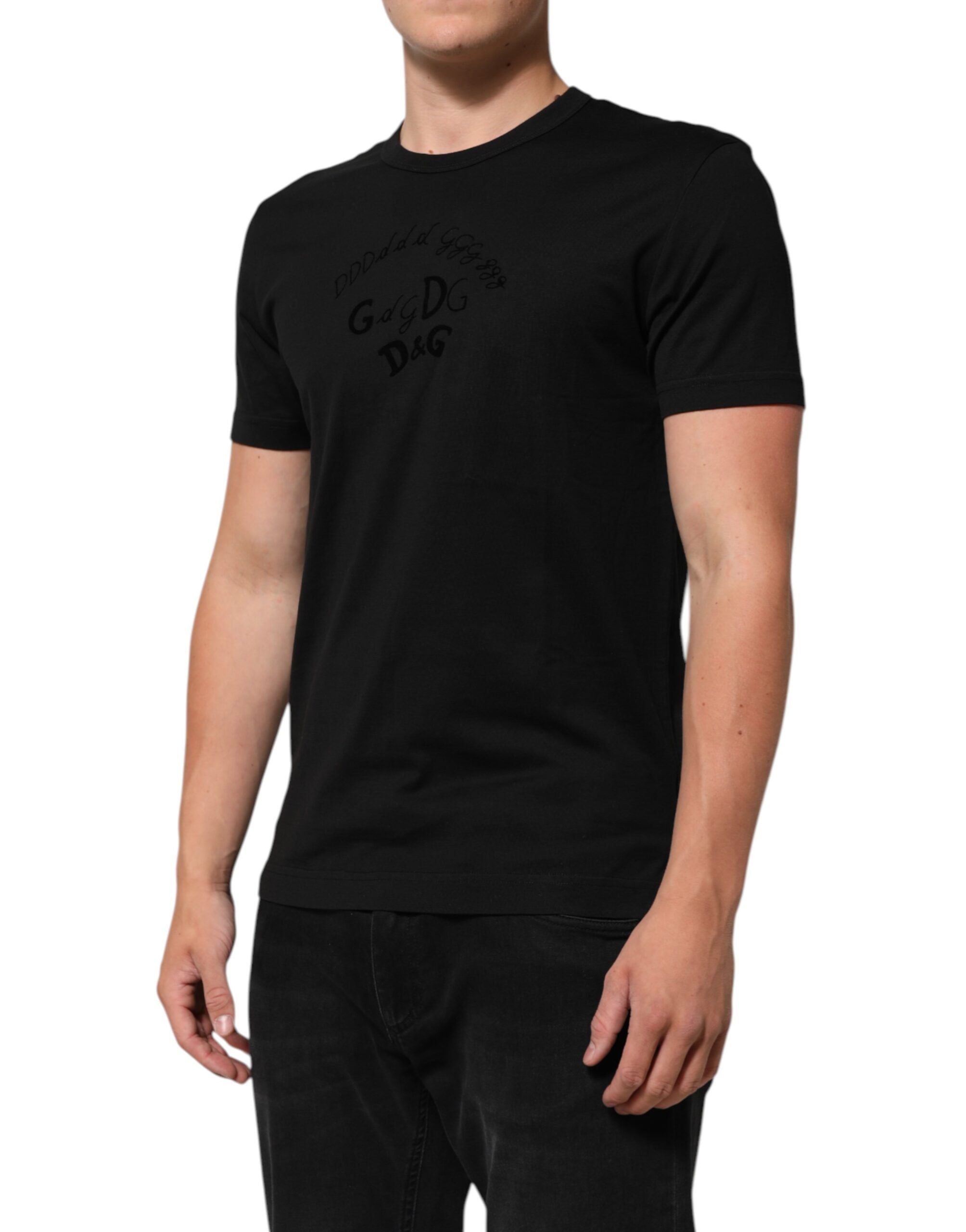 Dolce & Gabbana Black Cotton Velvet Logo Print Men T-shirt Dolce & Gabbana