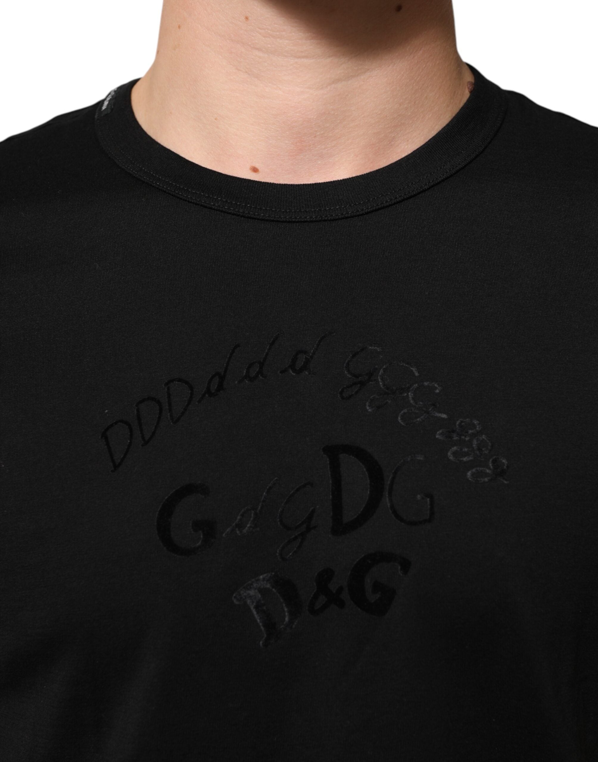 Dolce & Gabbana Black Cotton Velvet Logo Print Men T-shirt Dolce & Gabbana