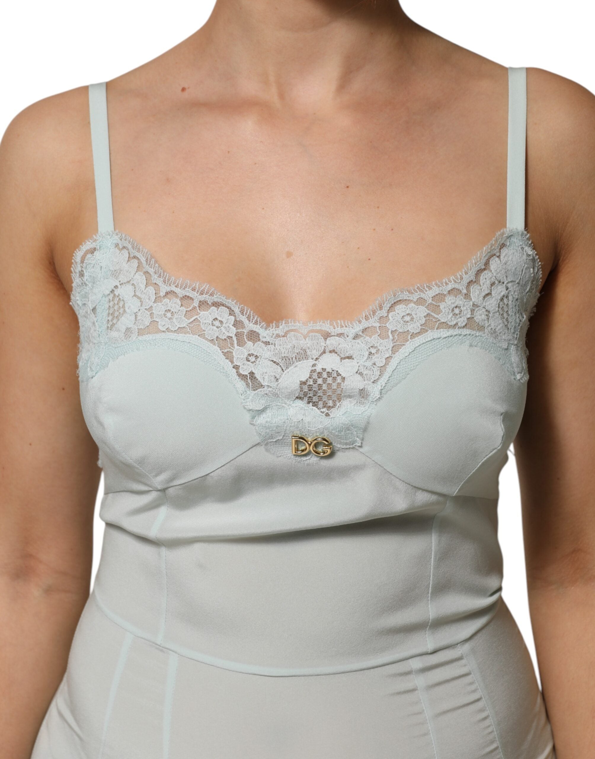 Dolce & Gabbana Light Blue Silk Lace Midi Bodycon Slip Dress Dolce & Gabbana