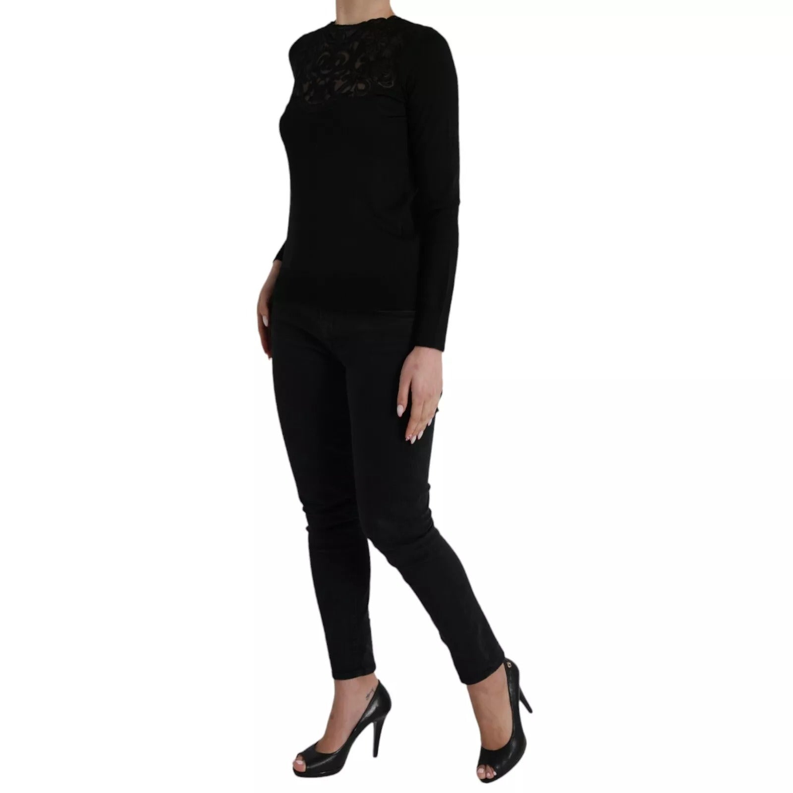 Dolce & Gabbana Black Silk Lace Trim Long Sleeves Blouse Top Dolce & Gabbana