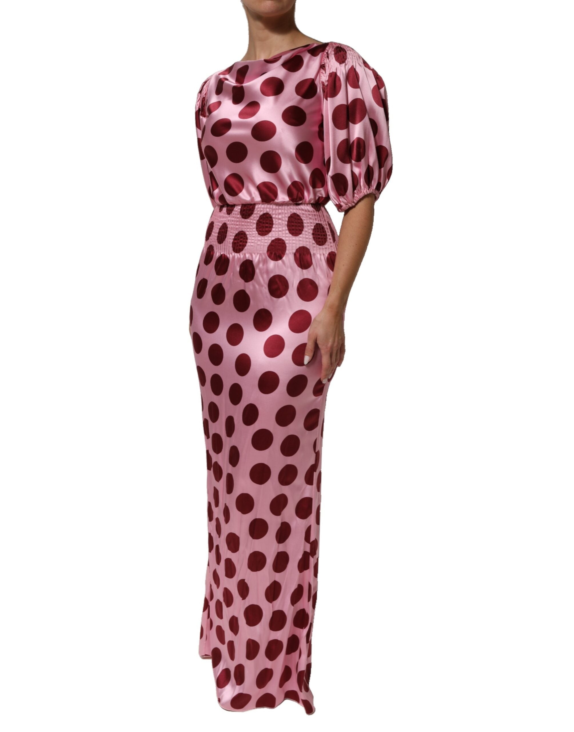 Dolce & Gabbana Pink Red Polka Dot Silk Satin Maxi Gown Dress Dolce & Gabbana