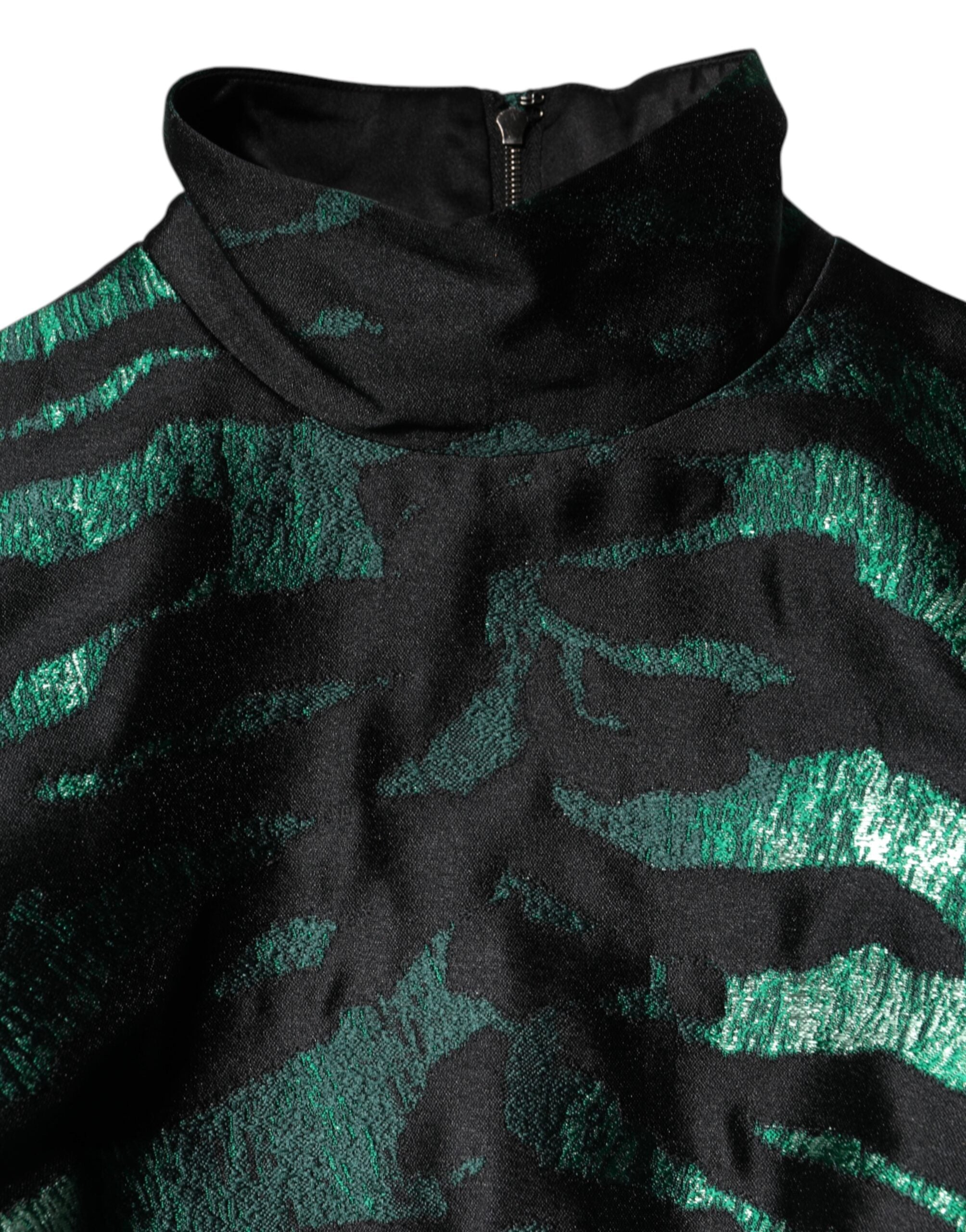 Dolce & Gabbana Black Green Metallic Jacquard Mini Long Dress Dolce & Gabbana