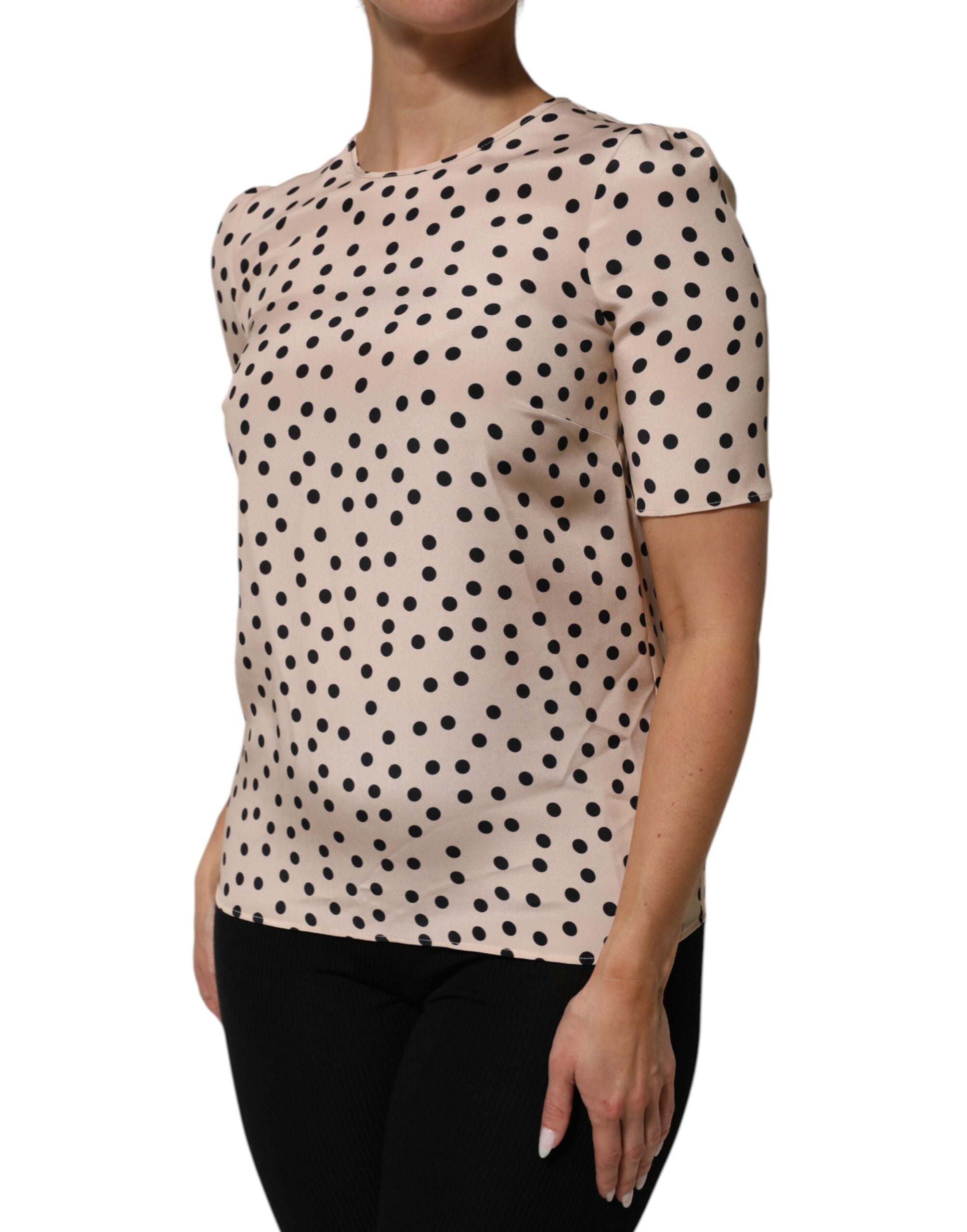 Dolce & Gabbana Beige Black Polka Dot Silk Short Sleeve Blouse Top Dolce & Gabbana