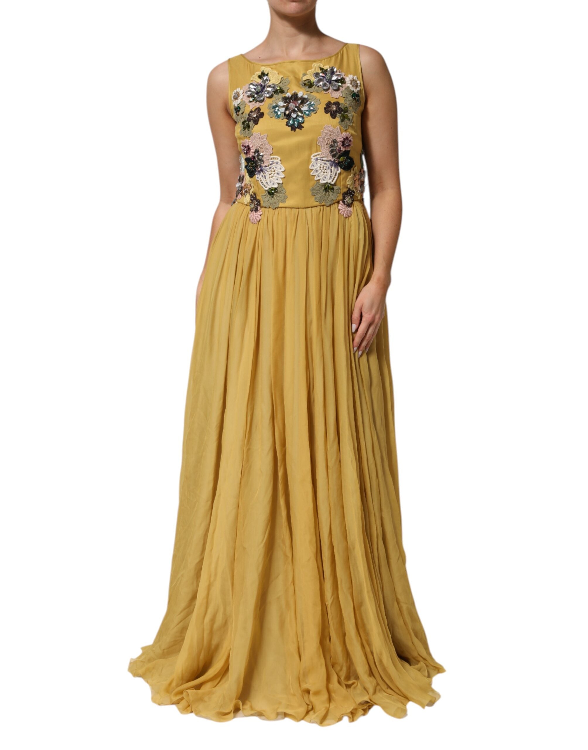 Dolce & Gabbana Yellow Silk Floral Embroidered Maxi Dress Dolce & Gabbana