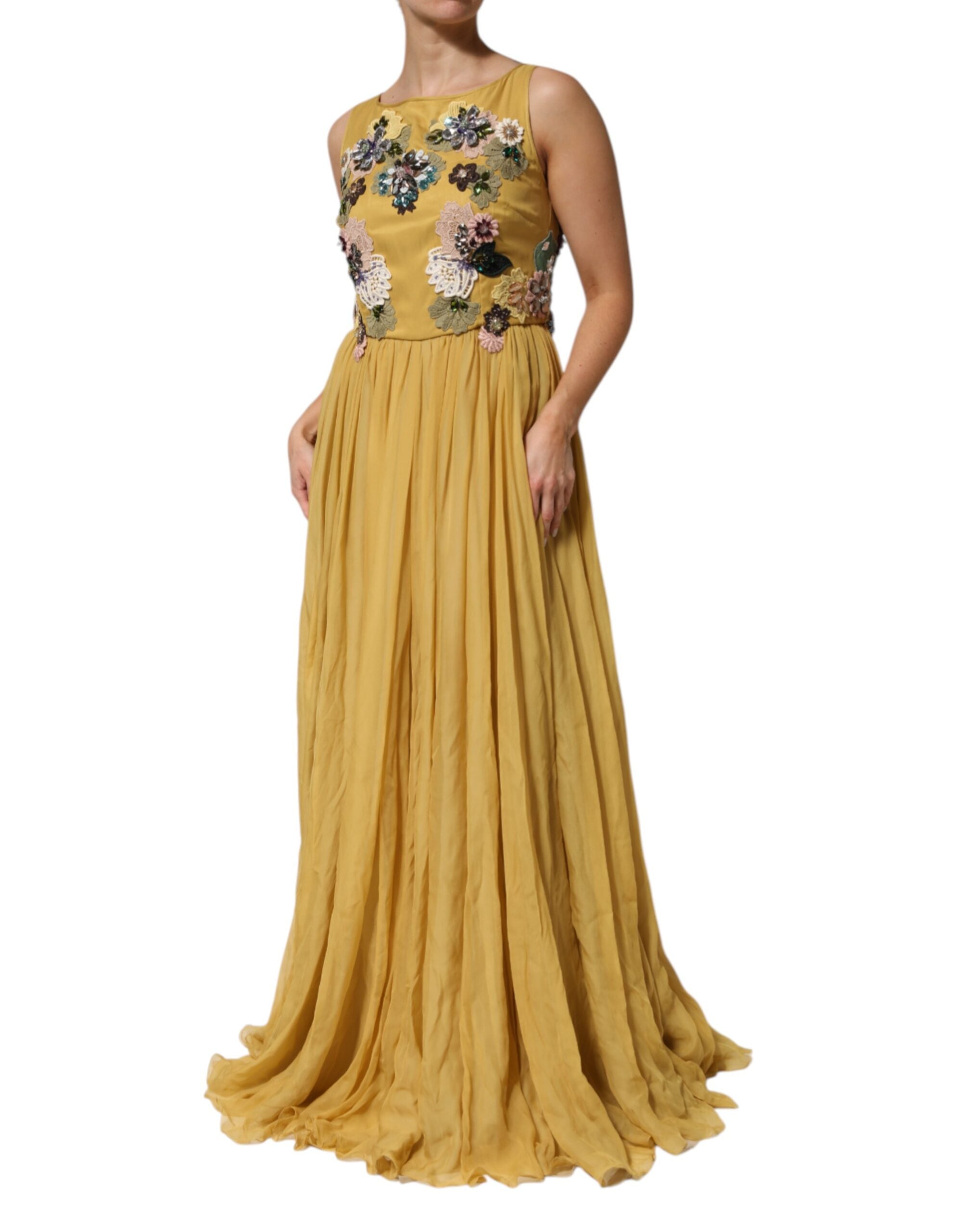 Dolce & Gabbana Yellow Silk Floral Embroidered Maxi Dress Dolce & Gabbana