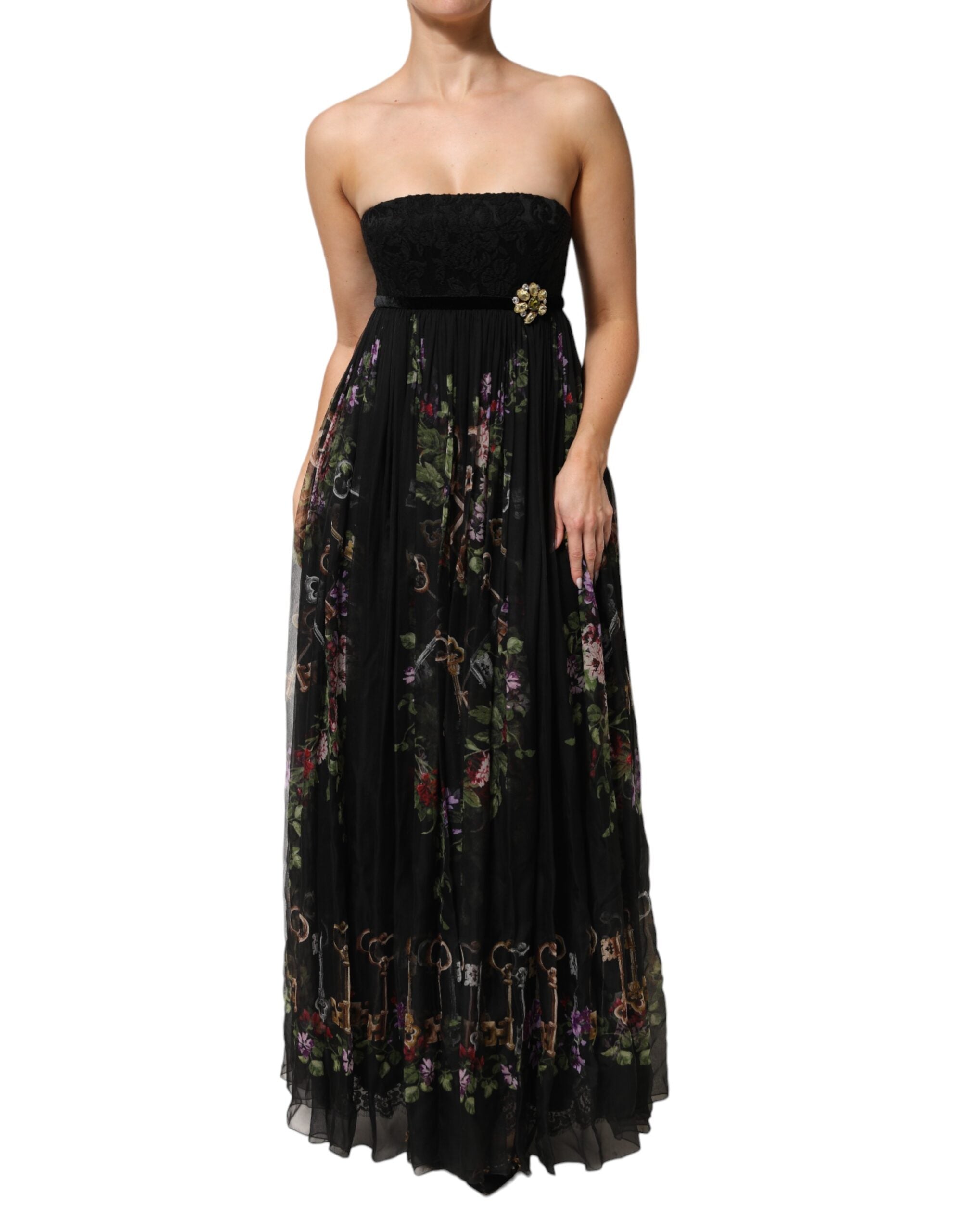 Dolce & Gabbana Black Floral Key Print Crystal Strapless Dress Dolce & Gabbana