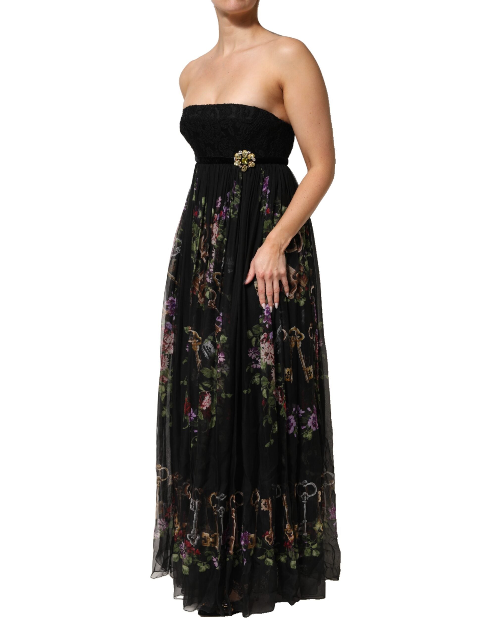 Dolce & Gabbana Black Floral Key Print Crystal Strapless Dress Dolce & Gabbana