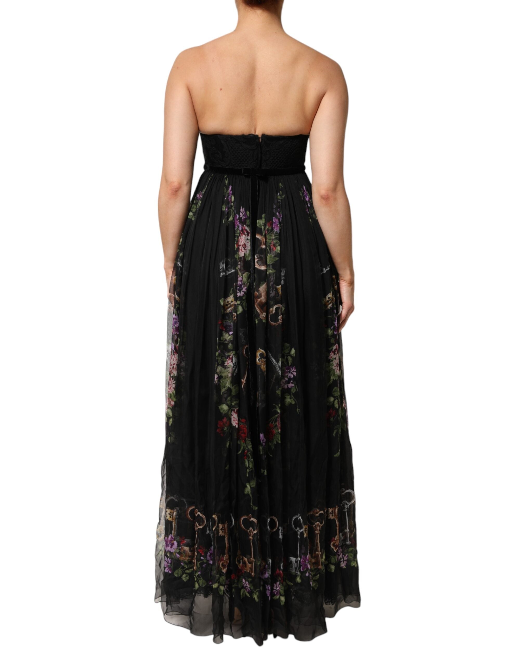 Dolce & Gabbana Black Floral Key Print Crystal Strapless Dress Dolce & Gabbana