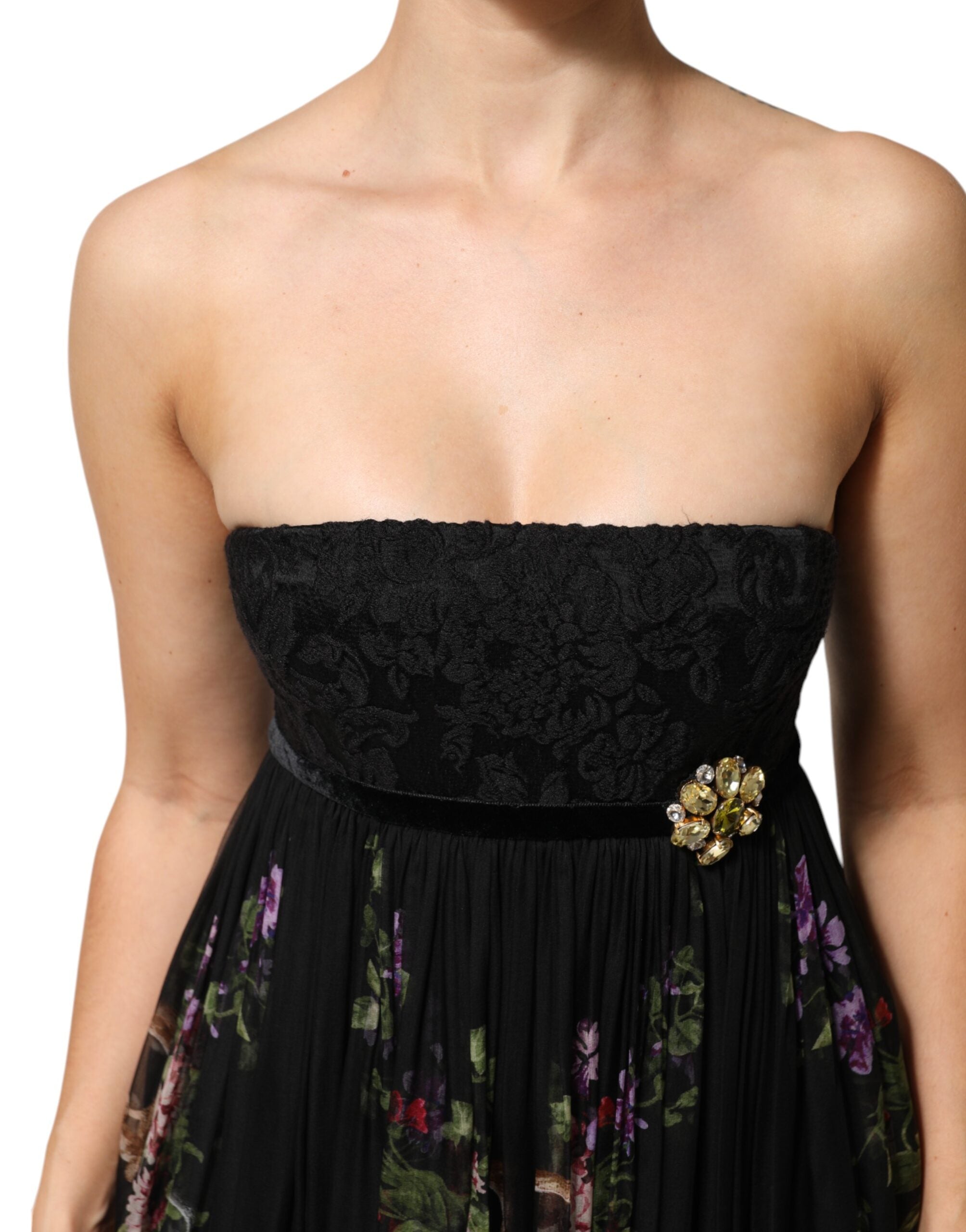Dolce & Gabbana Black Floral Key Print Crystal Strapless Dress Dolce & Gabbana
