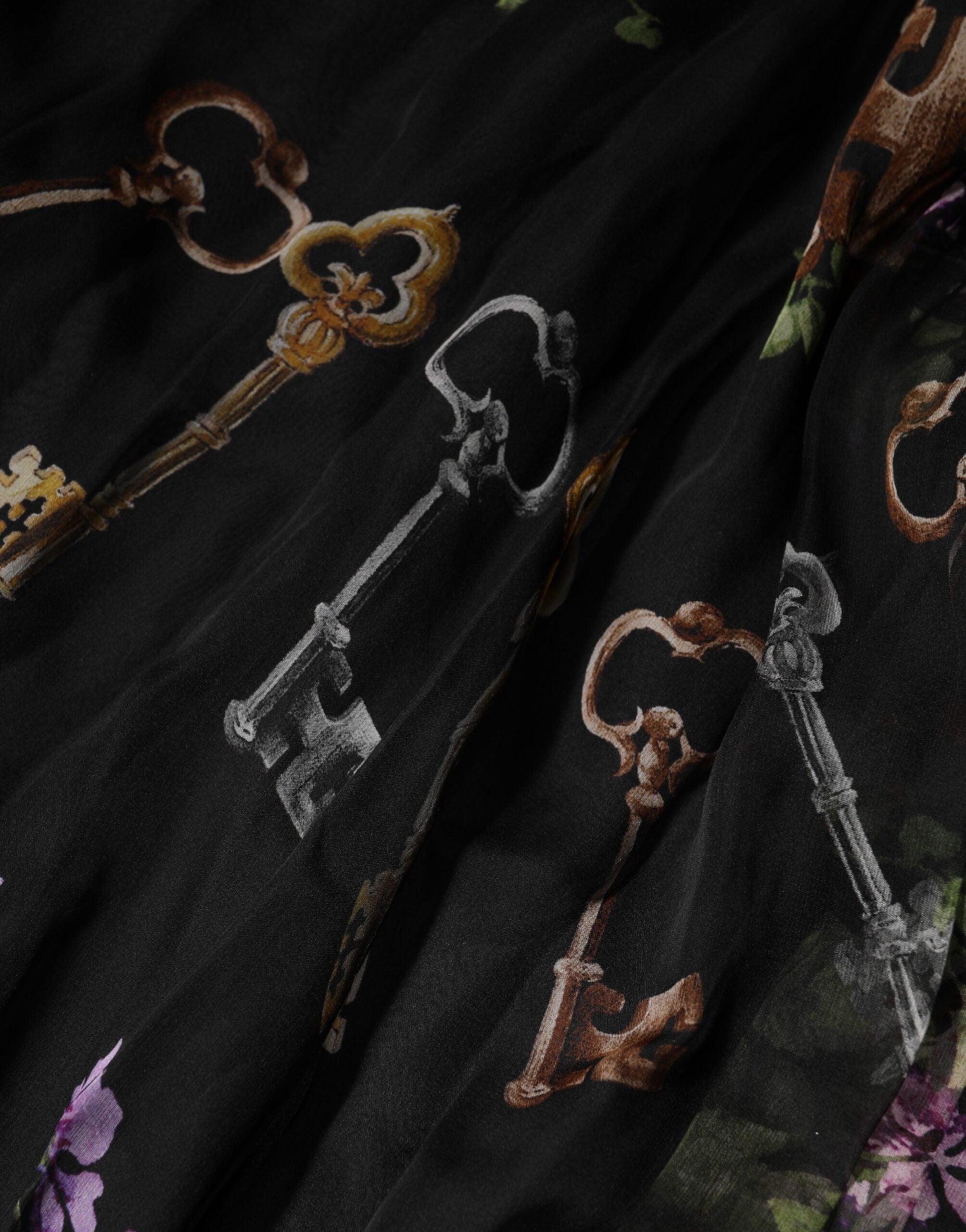 Dolce & Gabbana Black Floral Key Print Crystal Strapless Dress Dolce & Gabbana