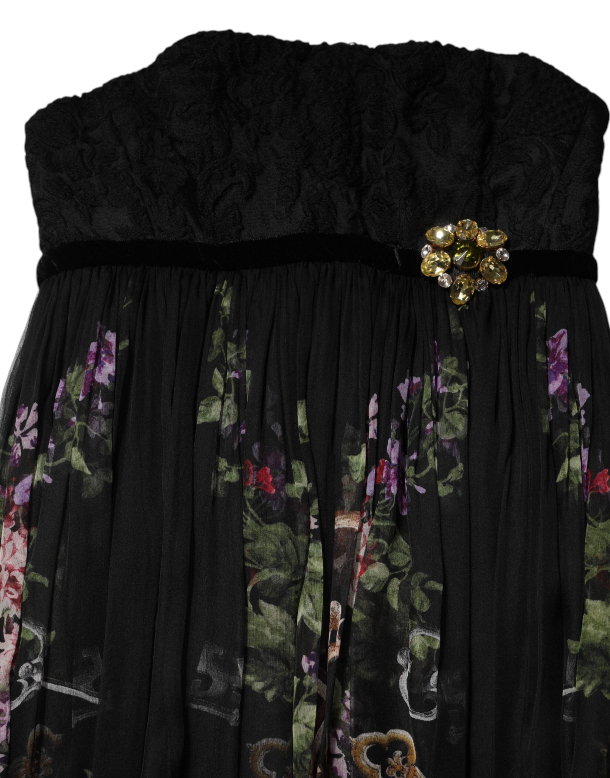 Dolce & Gabbana Black Floral Key Print Crystal Strapless Dress Dolce & Gabbana