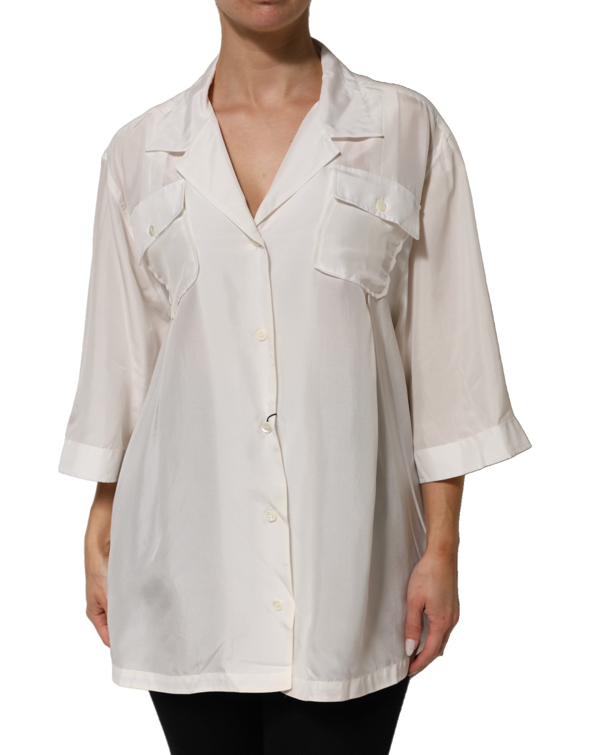 Dolce & Gabbana White Silk Collared 3/4 Sleeves Blouse Top Dolce & Gabbana