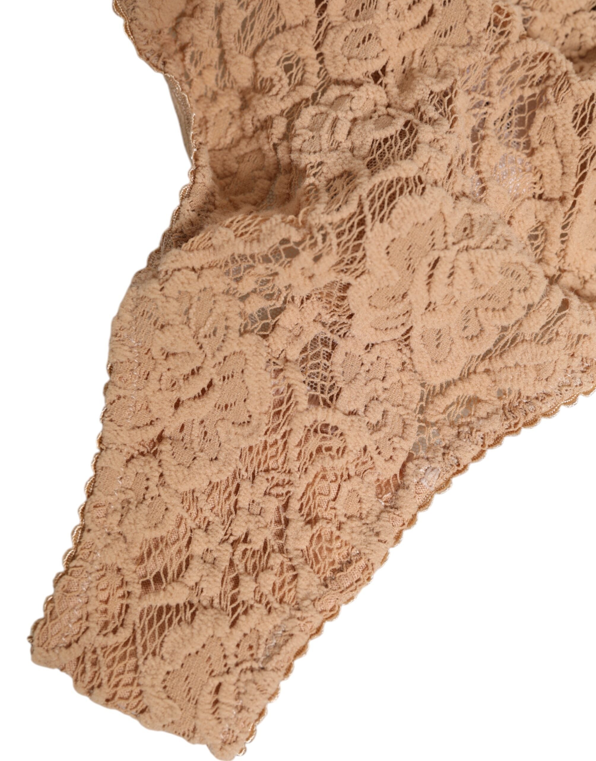 Dolce & Gabbana Beige Lace Logo Elastic Waist Thong Tanga Underwear Dolce & Gabbana