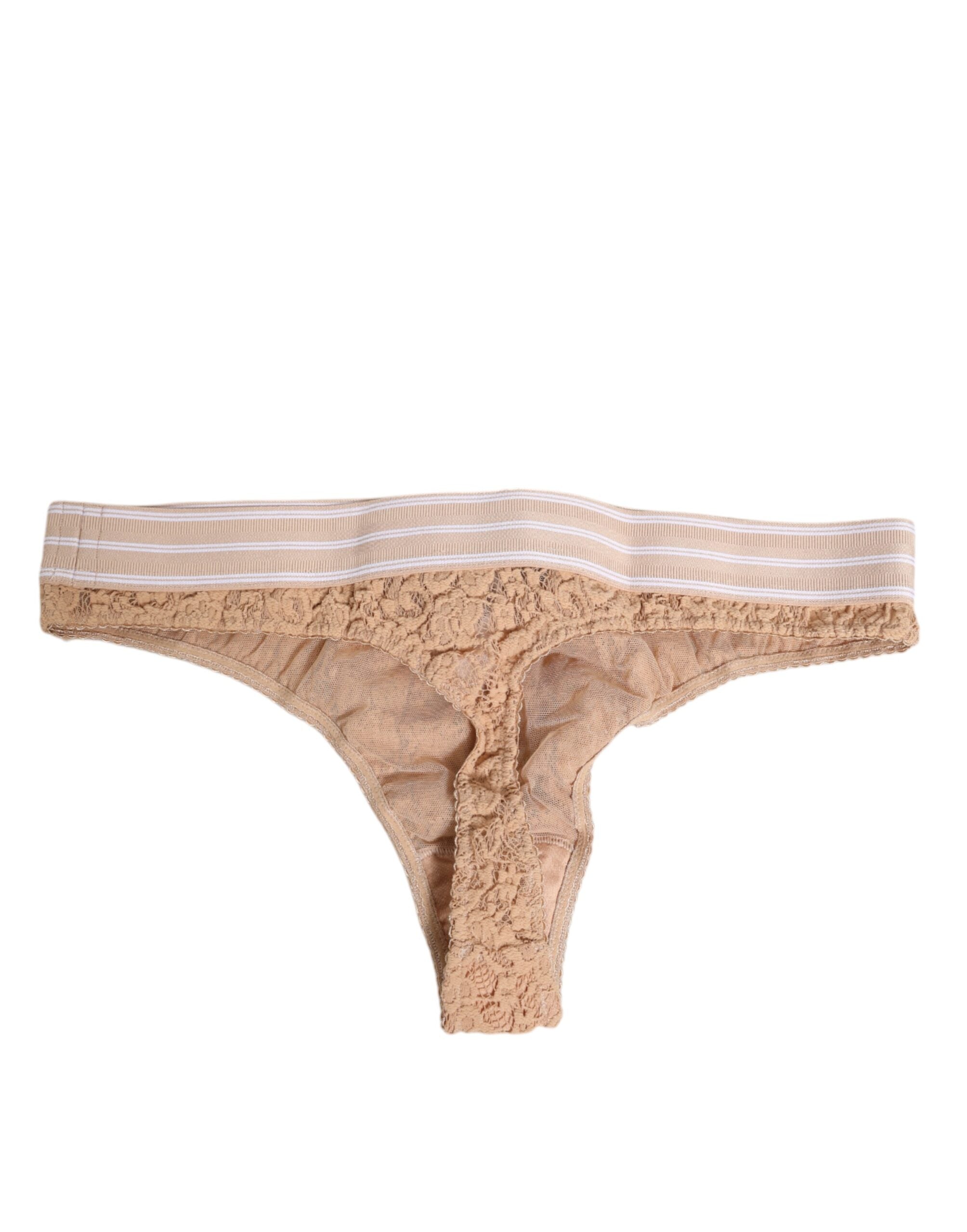 Dolce & Gabbana Beige Lace Logo Elastic Waist Thong Tanga Underwear Dolce & Gabbana