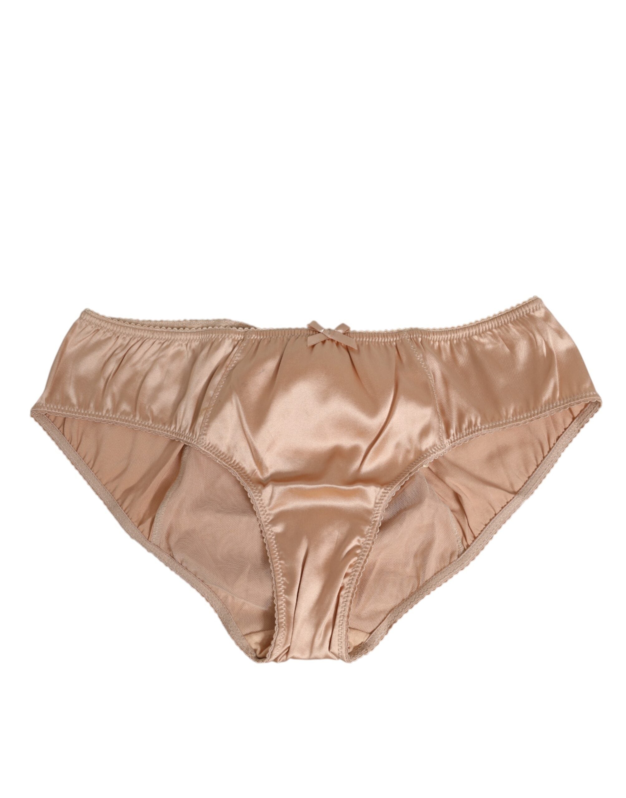 Dolce & Gabbana Nude Beige Silk Satin Bow Lace Trim Underwear Dolce & Gabbana