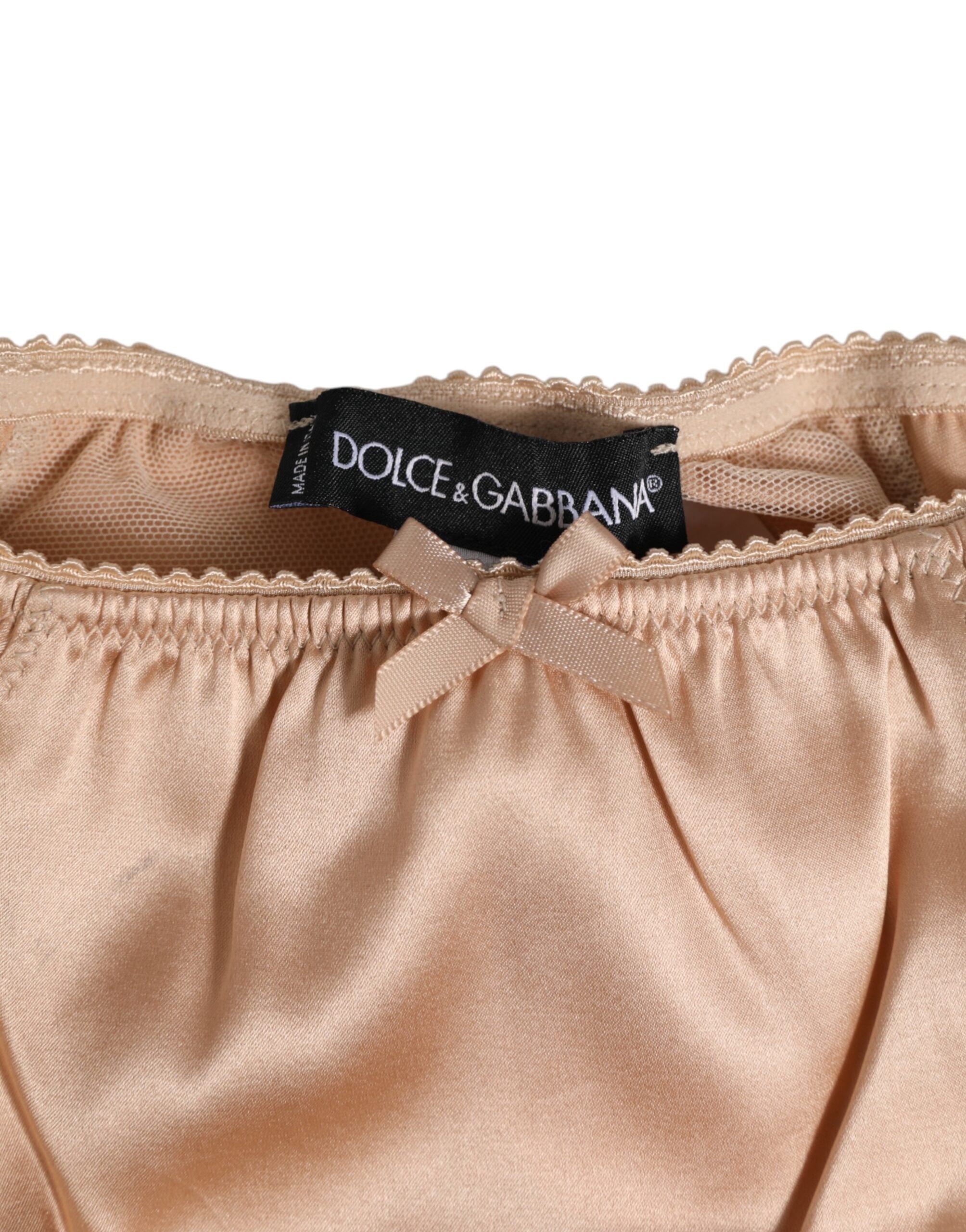 Dolce & Gabbana Nude Beige Silk Satin Bow Lace Trim Underwear Dolce & Gabbana
