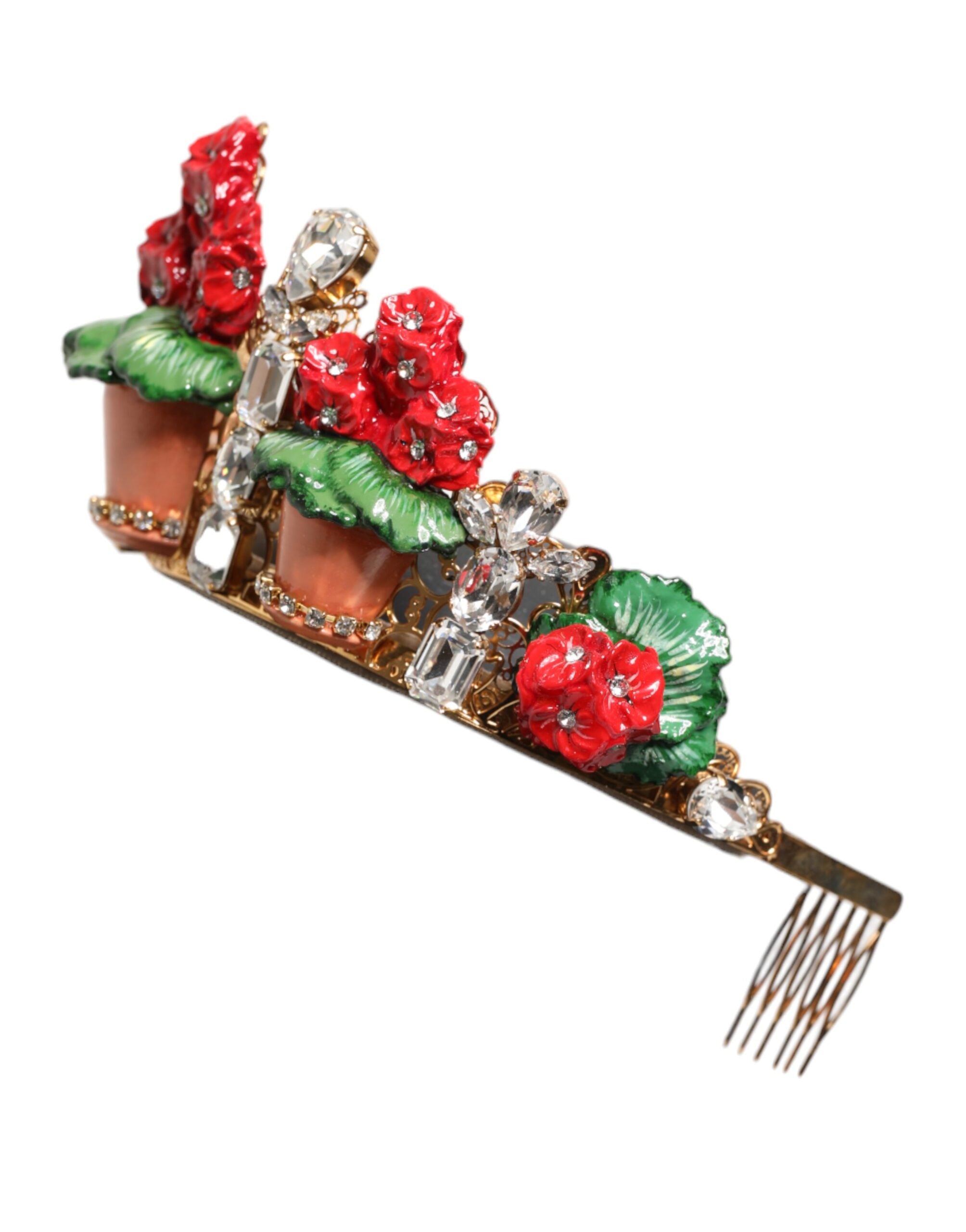 Dolce & Gabbana Red Floral Flowerpot Crystal Gold Crown Tiara Headband Dolce & Gabbana
