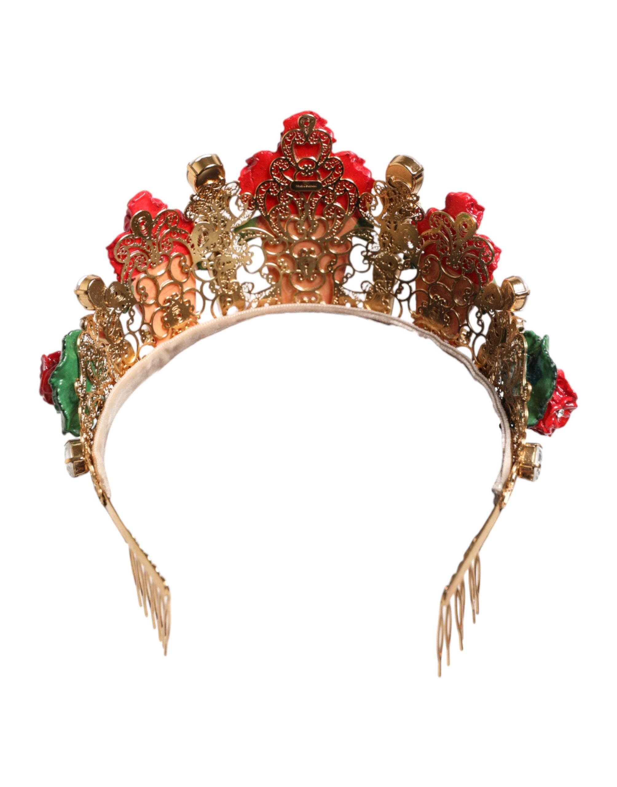 Dolce & Gabbana Red Floral Flowerpot Crystal Gold Crown Tiara Headband Dolce & Gabbana