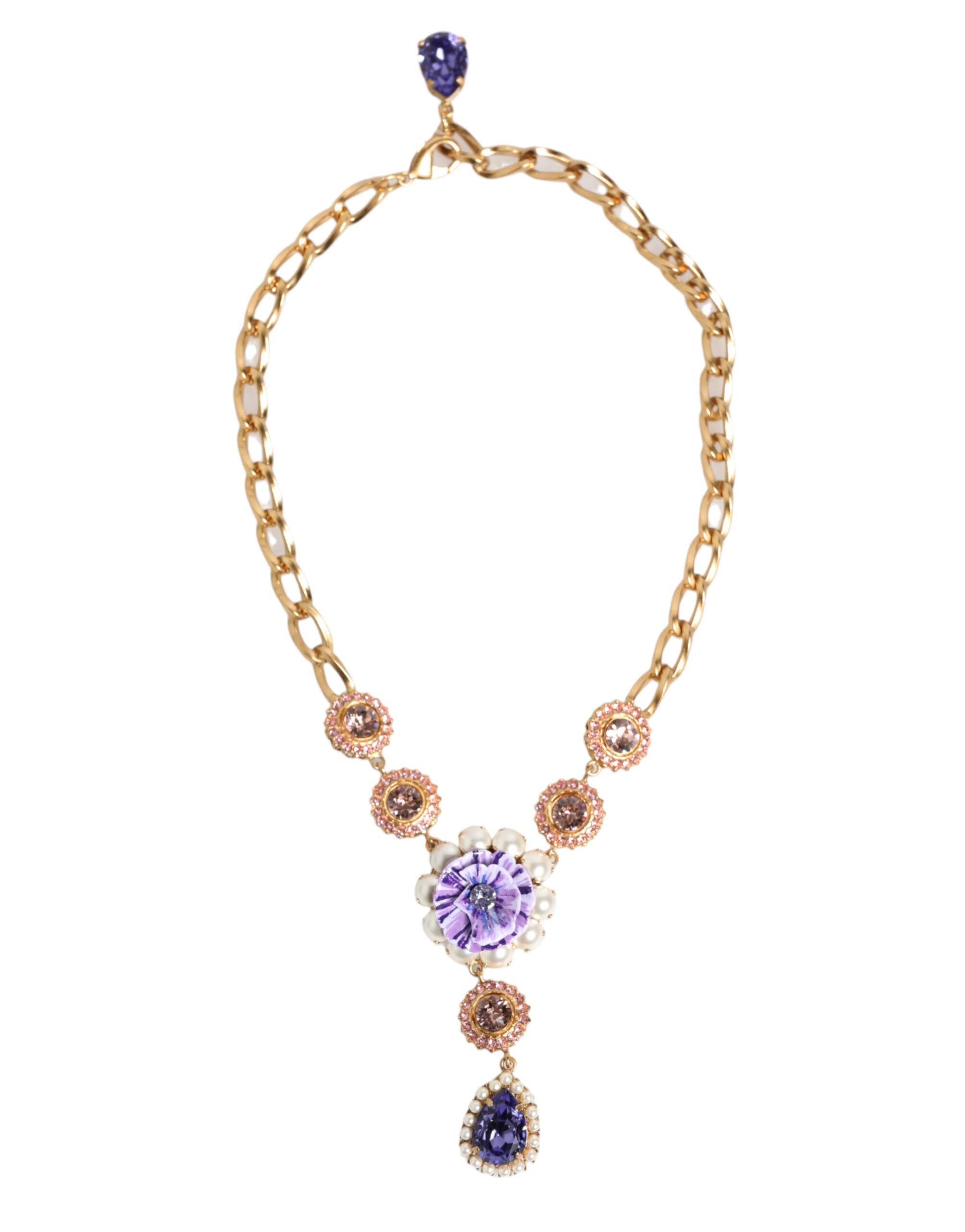 Dolce & Gabbana Gold Brass Crystal Pearl Purple Floral Pendant Jewelry Necklace Dolce & Gabbana