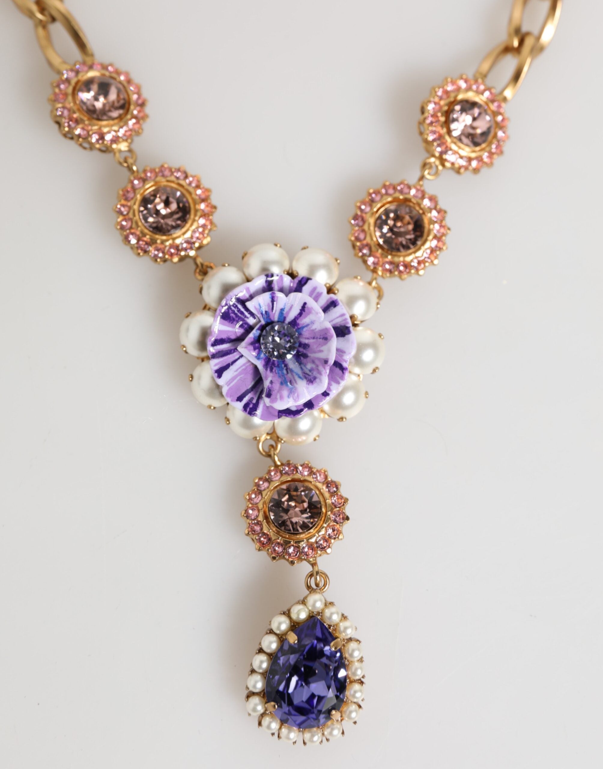 Dolce & Gabbana Gold Brass Crystal Pearl Purple Floral Pendant Jewelry Necklace Dolce & Gabbana