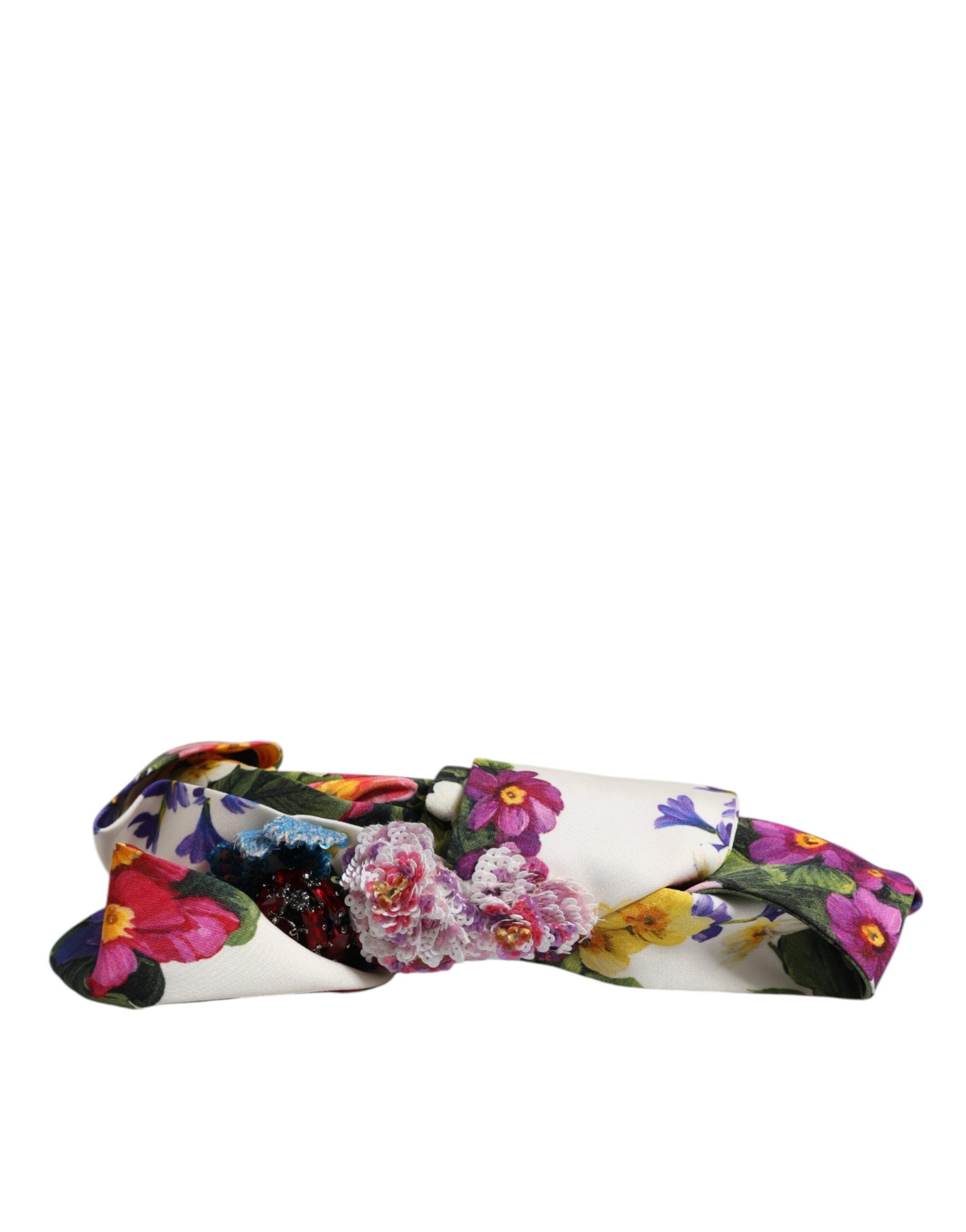 Dolce & Gabbana White Multicolor Floral Silk Bow Crystal Embellished Headband Dolce & Gabbana