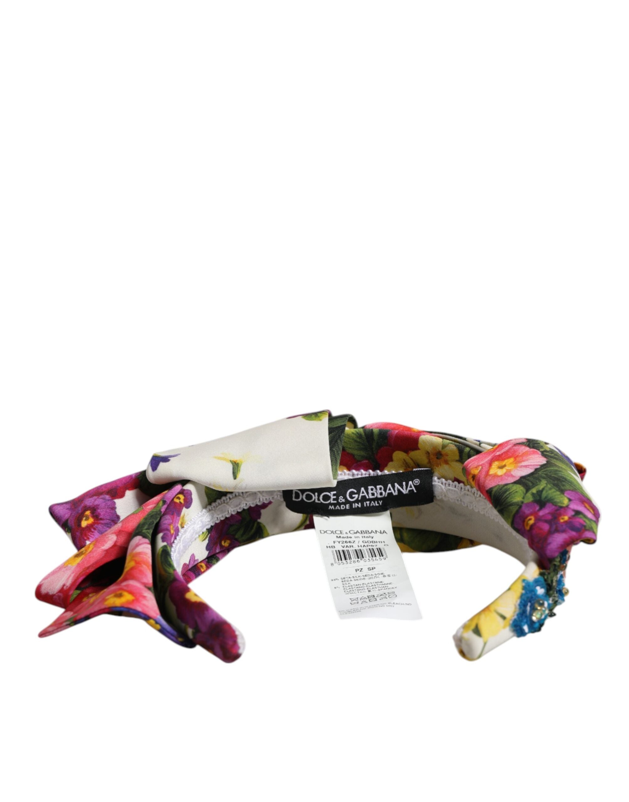 Dolce & Gabbana White Multicolor Floral Silk Bow Crystal Embellished Headband Dolce & Gabbana