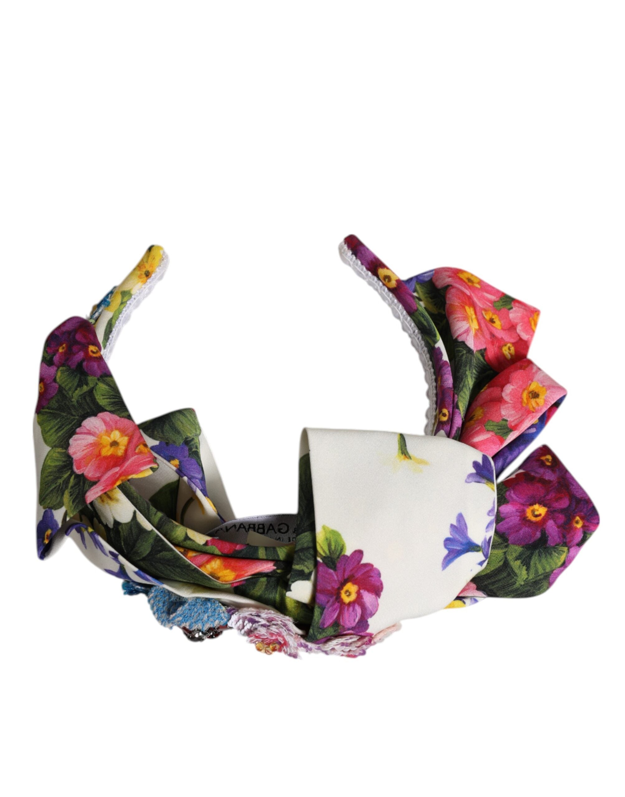 Dolce & Gabbana White Multicolor Floral Silk Bow Crystal Embellished Headband Dolce & Gabbana