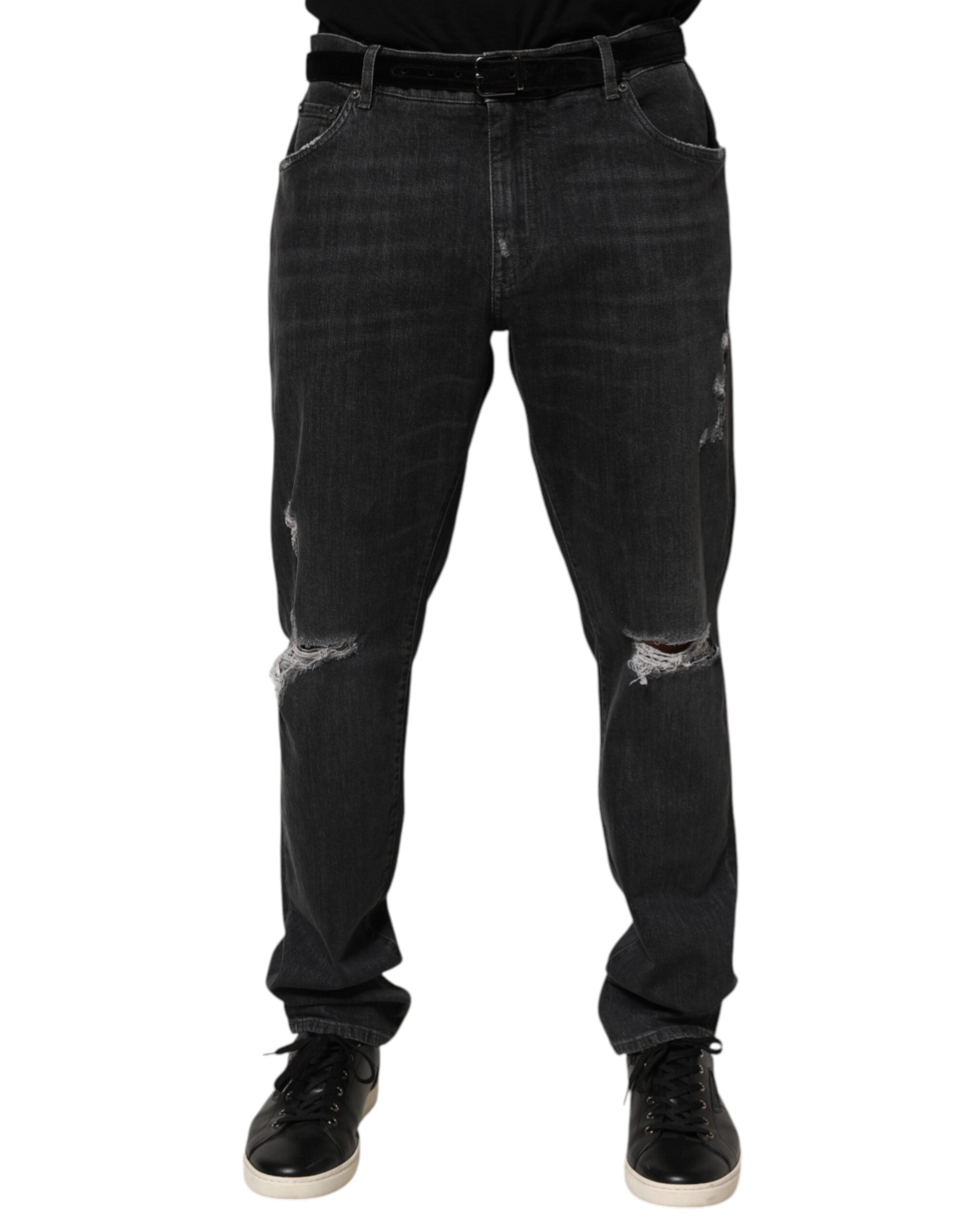 Dolce & Gabbana Black Cotton Slim Fit Distressed Ripped Logo Jeans Dolce & Gabbana