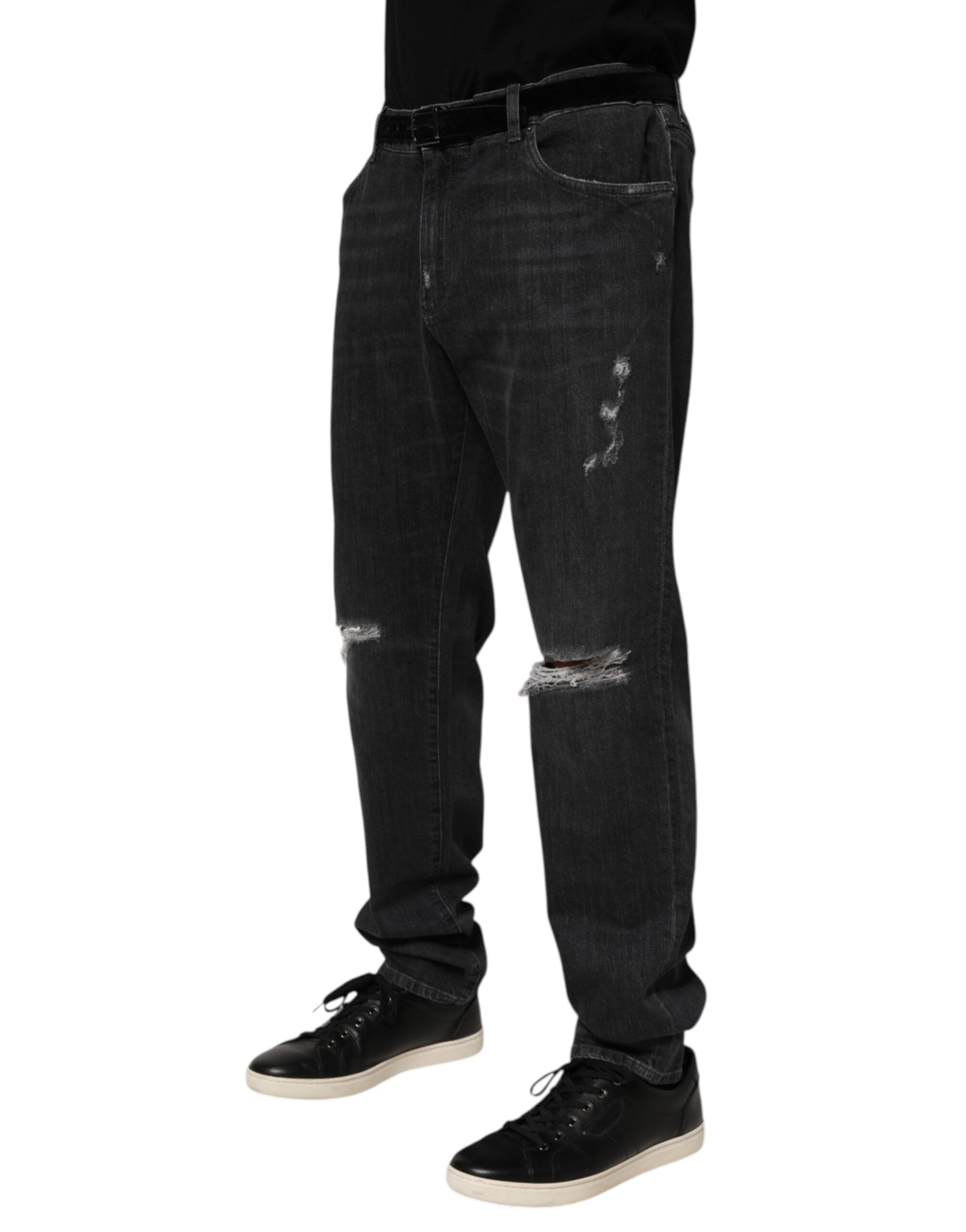 Dolce & Gabbana Black Cotton Slim Fit Distressed Ripped Logo Jeans Dolce & Gabbana