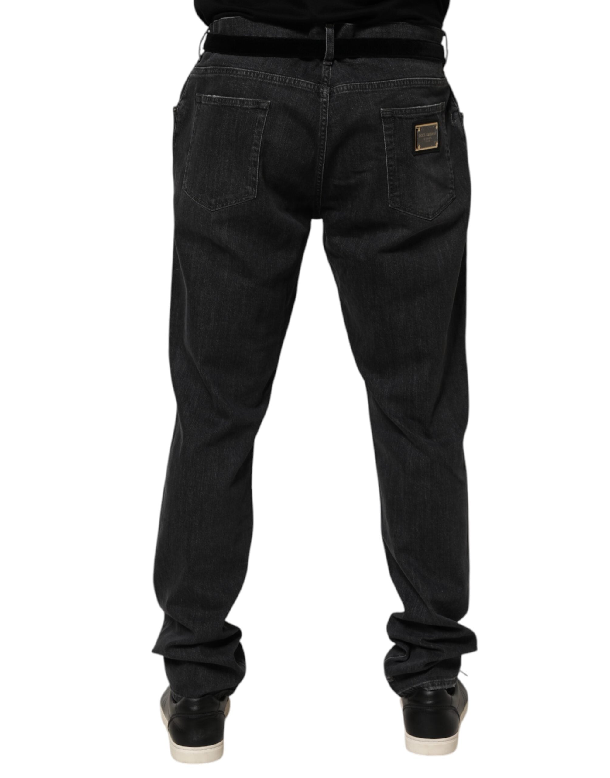 Dolce & Gabbana Black Cotton Slim Fit Distressed Ripped Logo Jeans Dolce & Gabbana
