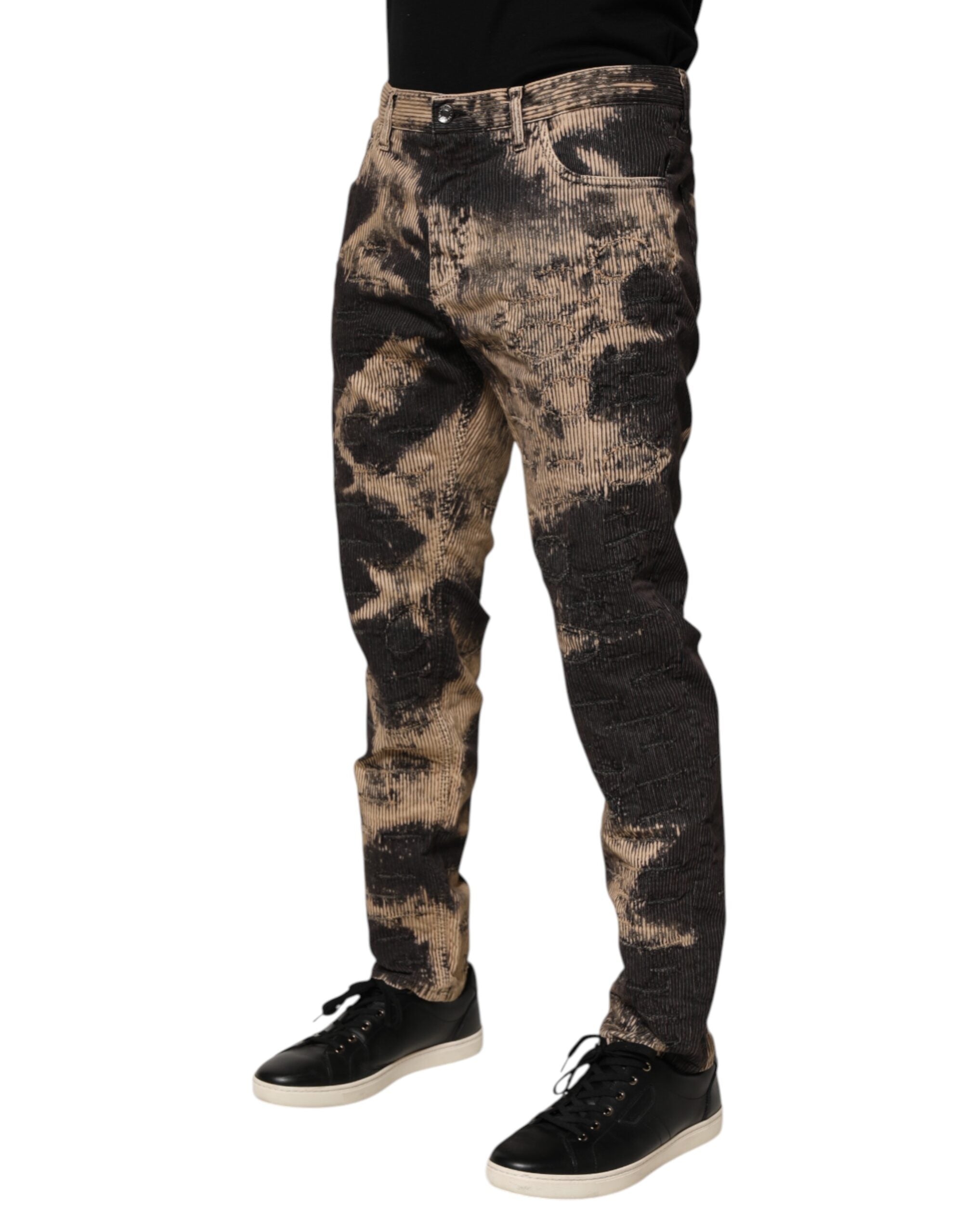 Dolce & Gabbana Beige Black Corduroy Tie-Dye Cotton Blend Pants Dolce & Gabbana