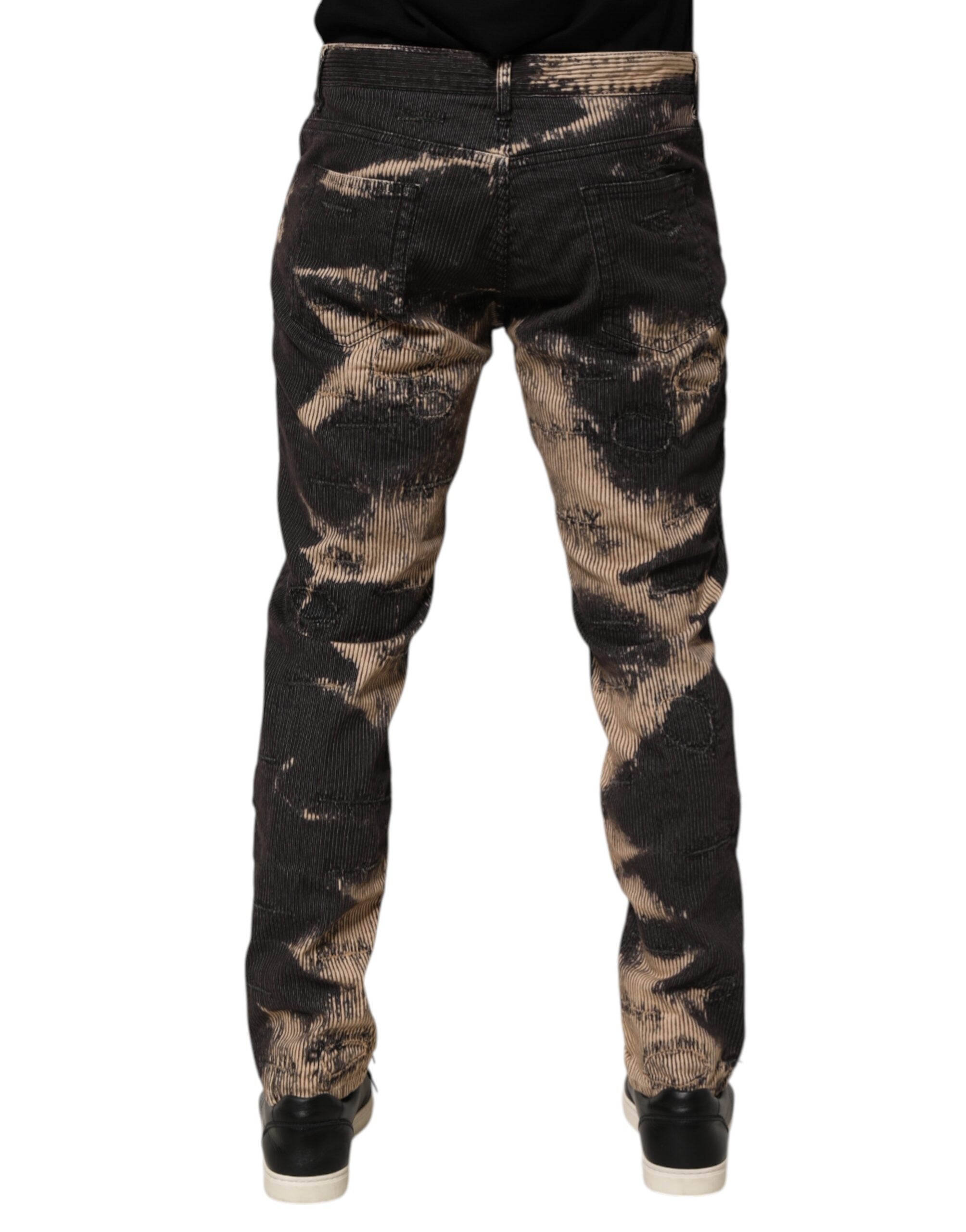 Dolce & Gabbana Beige Black Corduroy Tie-Dye Cotton Blend Pants Dolce & Gabbana