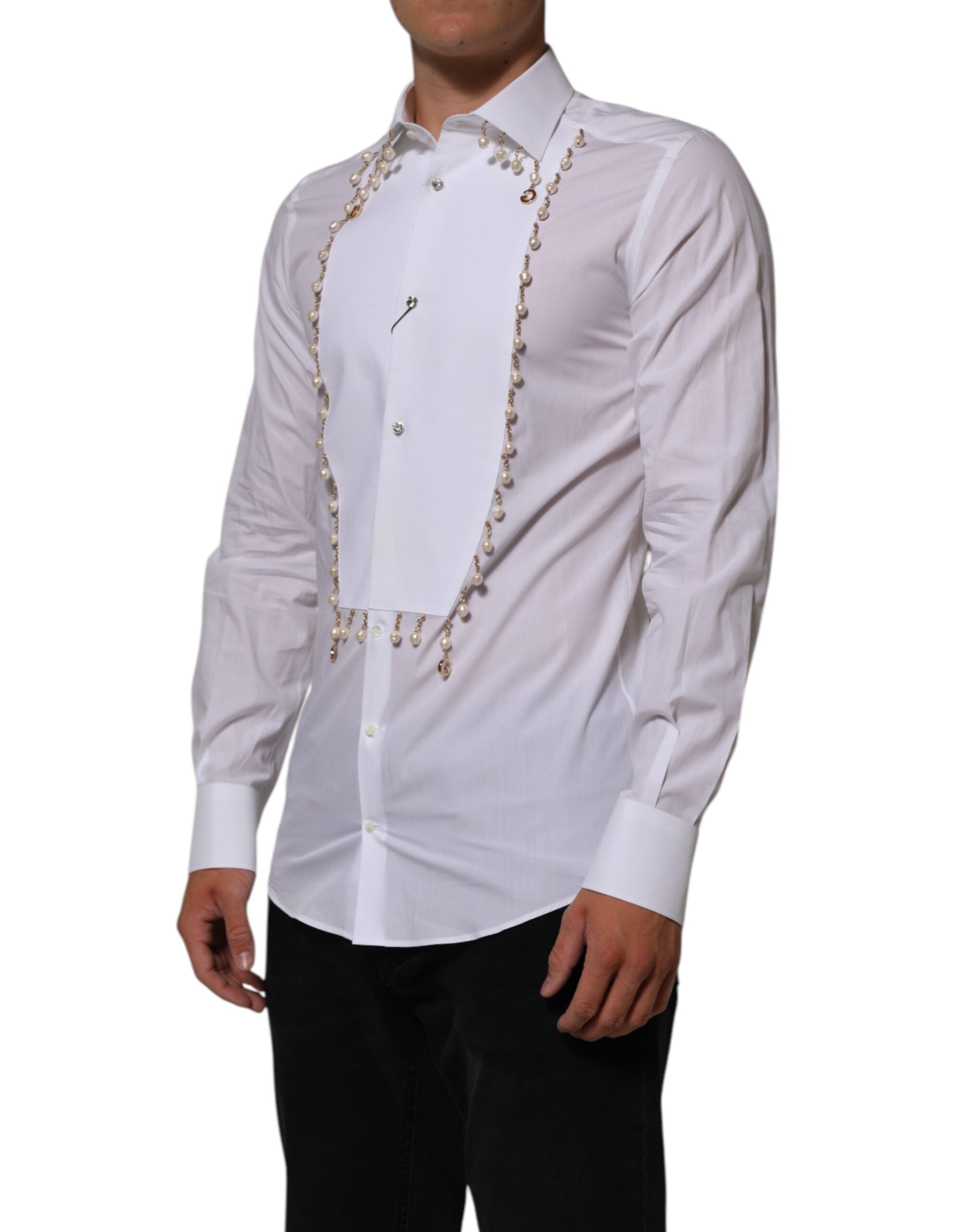 Dolce & Gabbana White Cotton DG Logo Pearl GOLD Formal Shirt Dolce & Gabbana