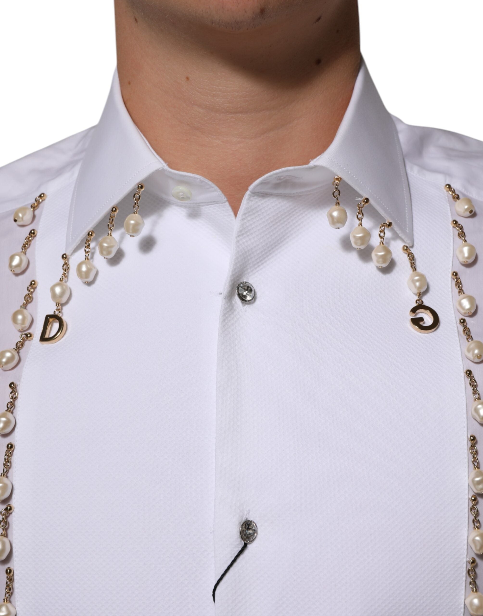 Dolce & Gabbana White Cotton DG Logo Pearl GOLD Formal Shirt Dolce & Gabbana