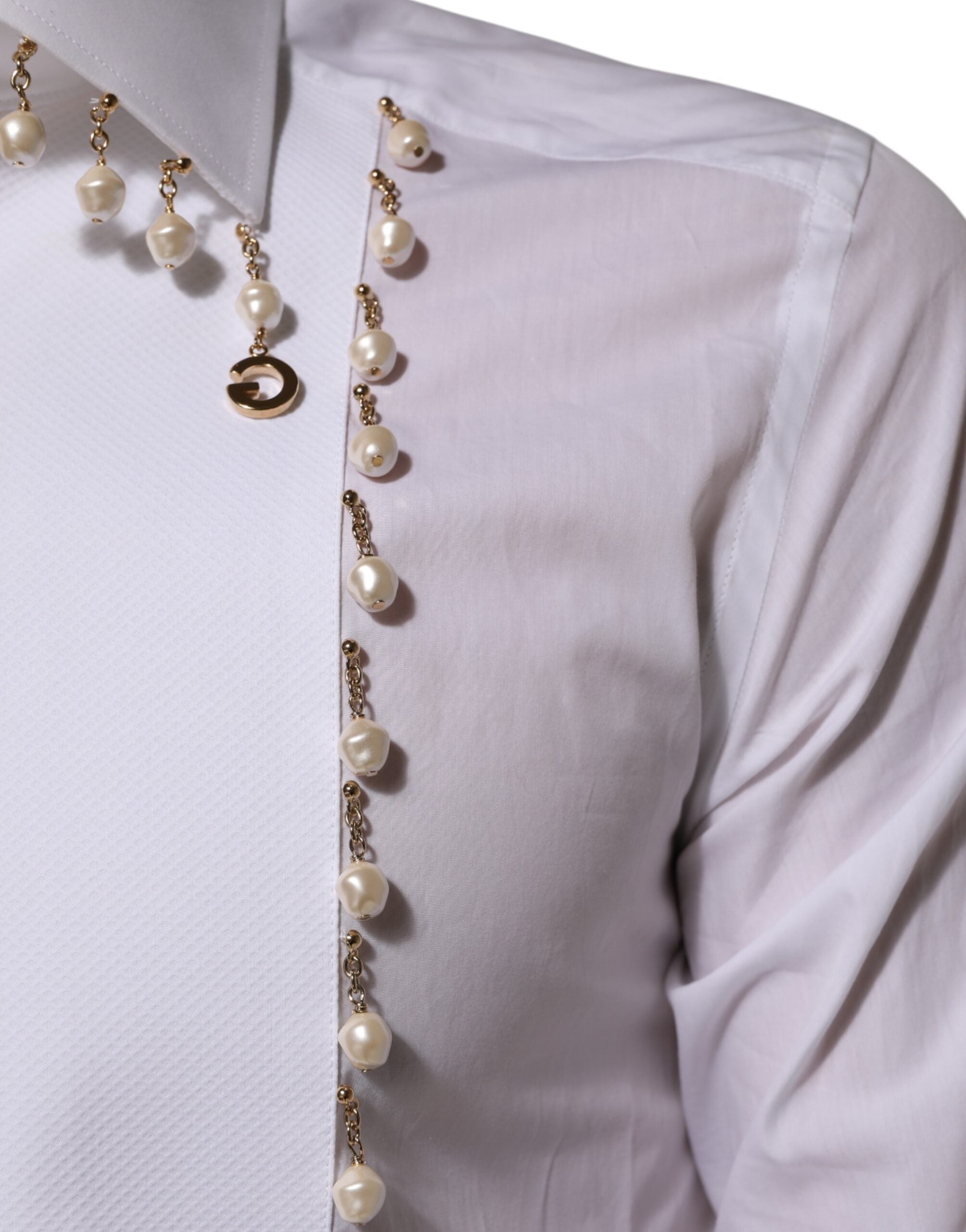 Dolce & Gabbana White Cotton DG Logo Pearl GOLD Formal Shirt Dolce & Gabbana