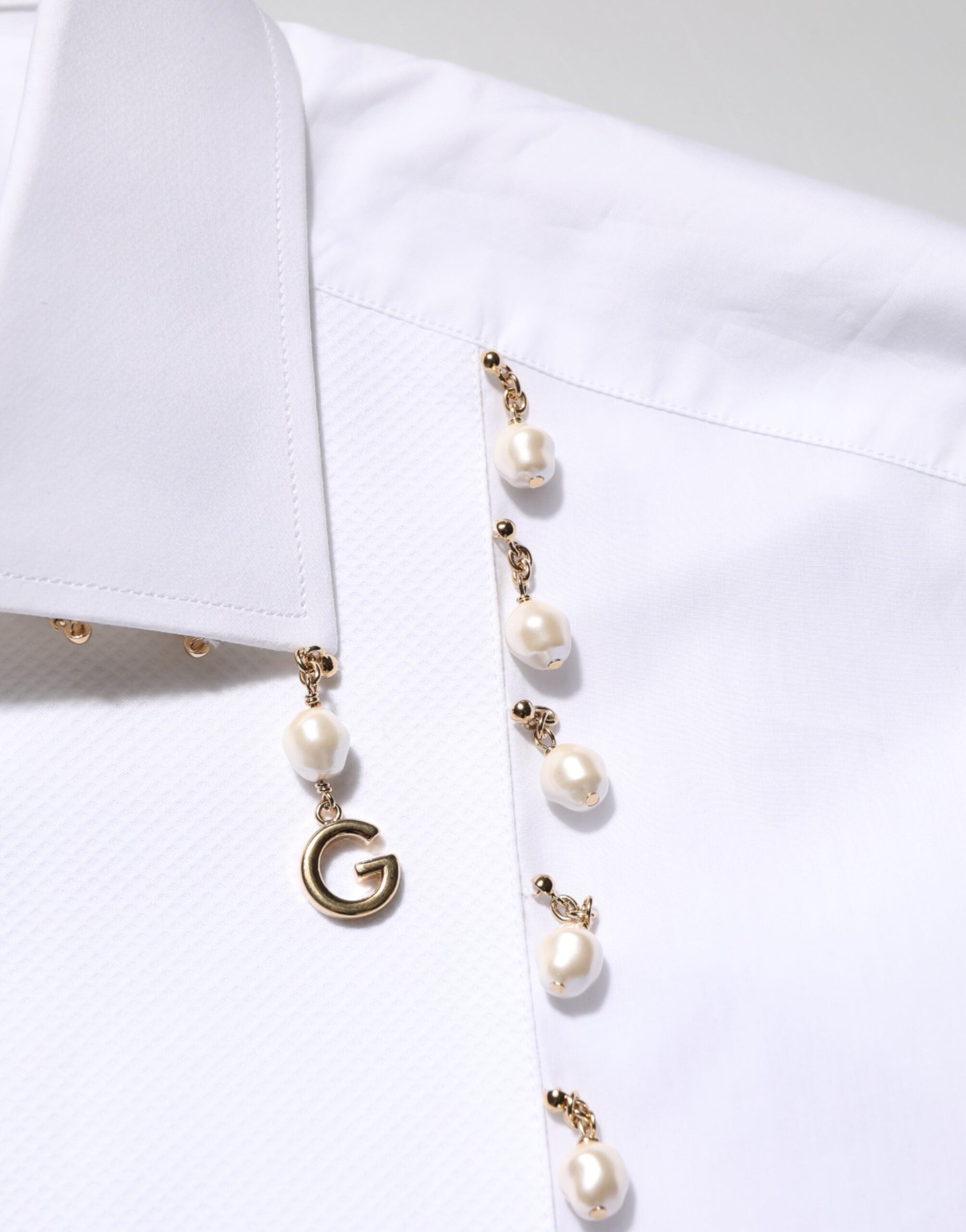 Dolce & Gabbana White Cotton DG Logo Pearl GOLD Formal Shirt Dolce & Gabbana