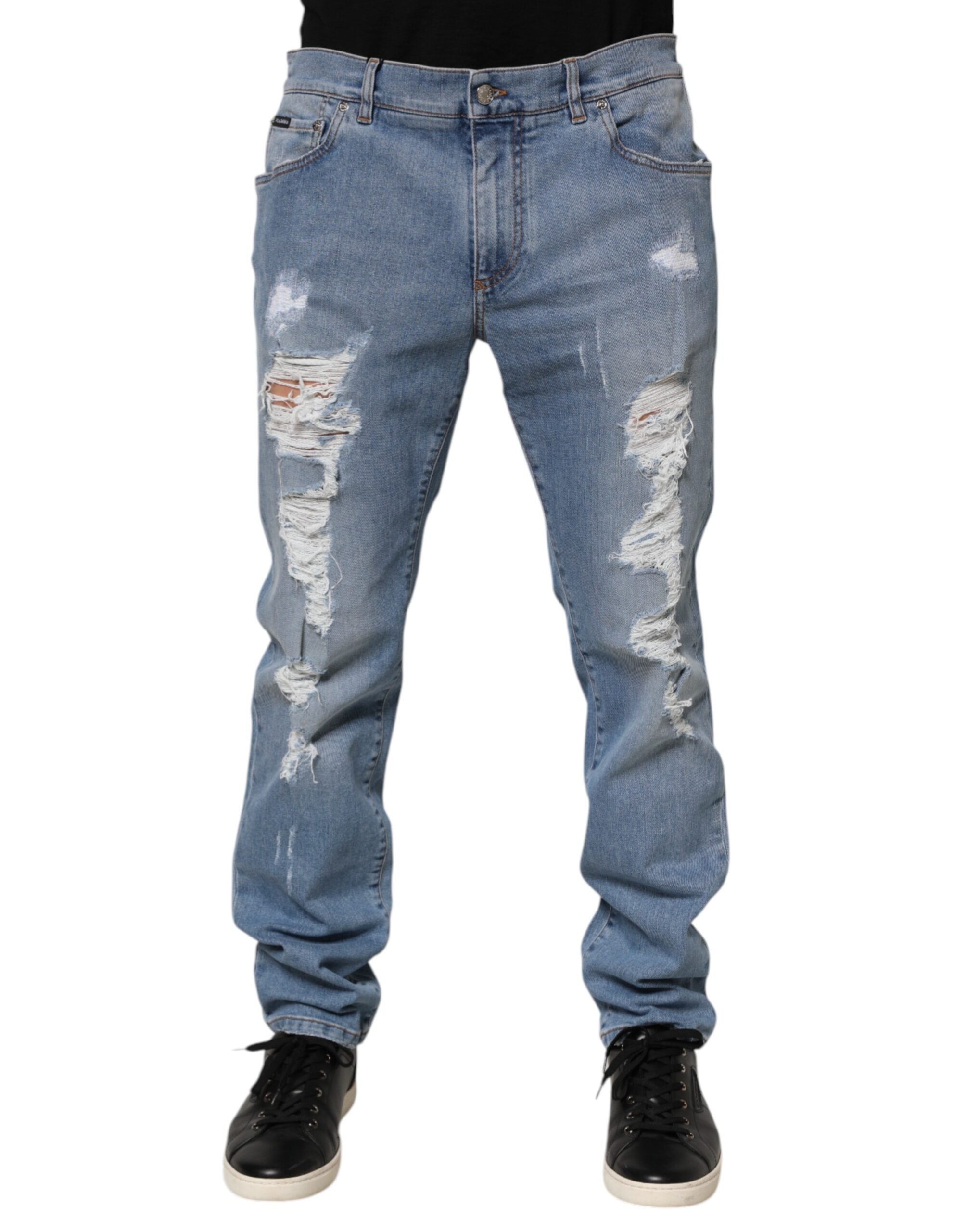 Dolce & Gabbana Blue Tattered Slim Fit Cotton Denim Jeans Dolce & Gabbana