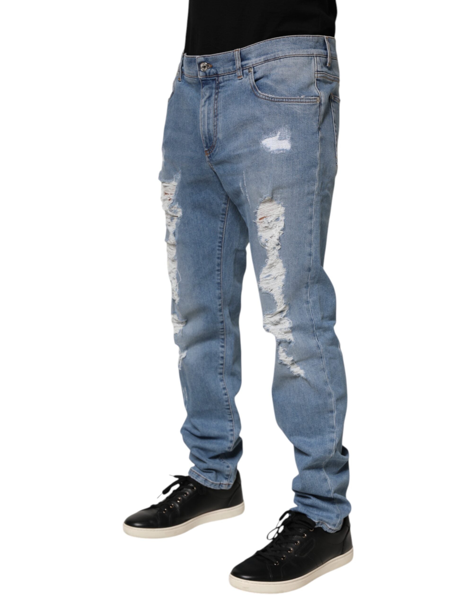 Dolce & Gabbana Blue Tattered Slim Fit Cotton Denim Jeans Dolce & Gabbana