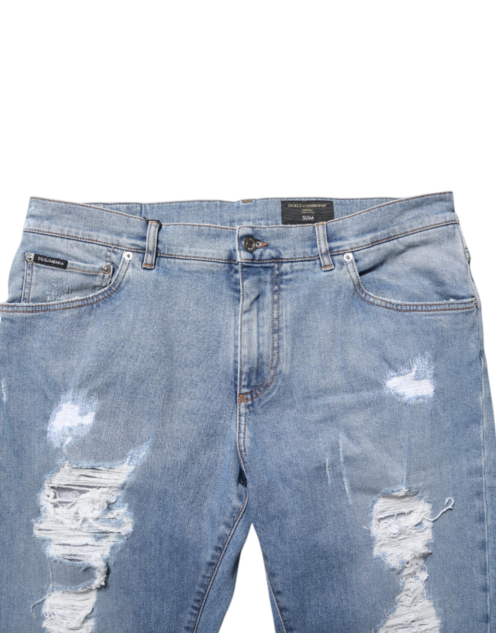 Dolce & Gabbana Blue Tattered Slim Fit Cotton Denim Jeans Dolce & Gabbana