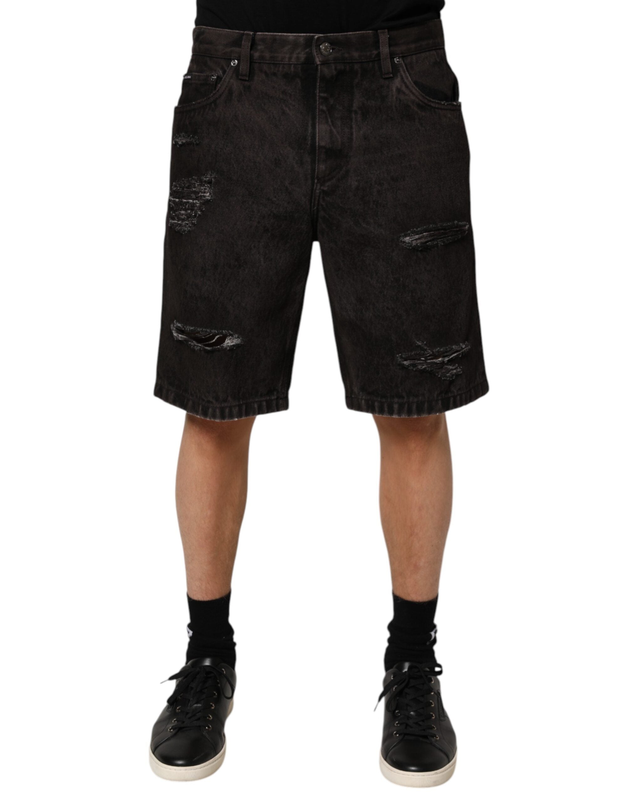 Dolce & Gabbana Black Cotton Tattered Denim Men Bermuda Short Dolce & Gabbana