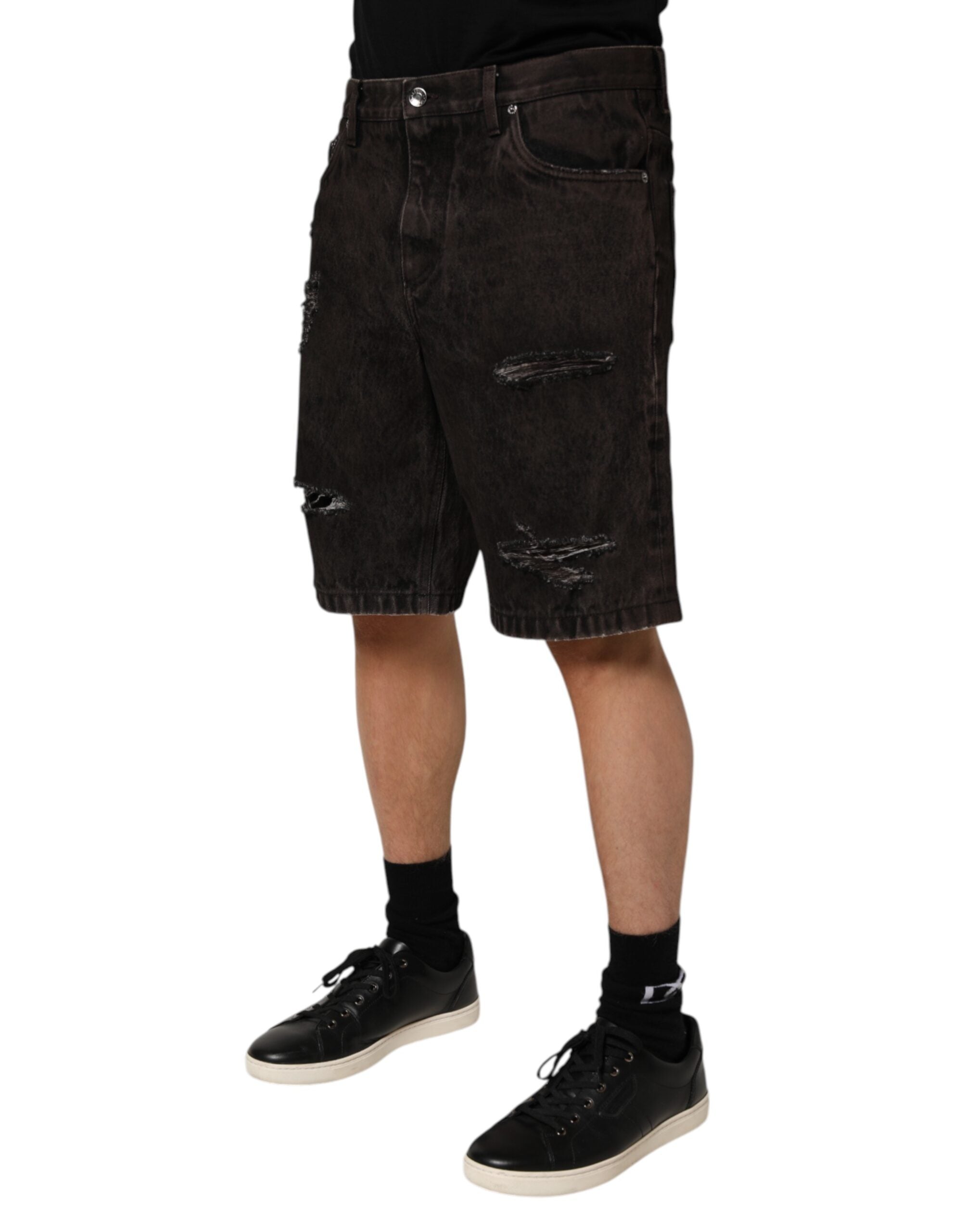 Dolce & Gabbana Black Cotton Tattered Denim Men Bermuda Short Dolce & Gabbana