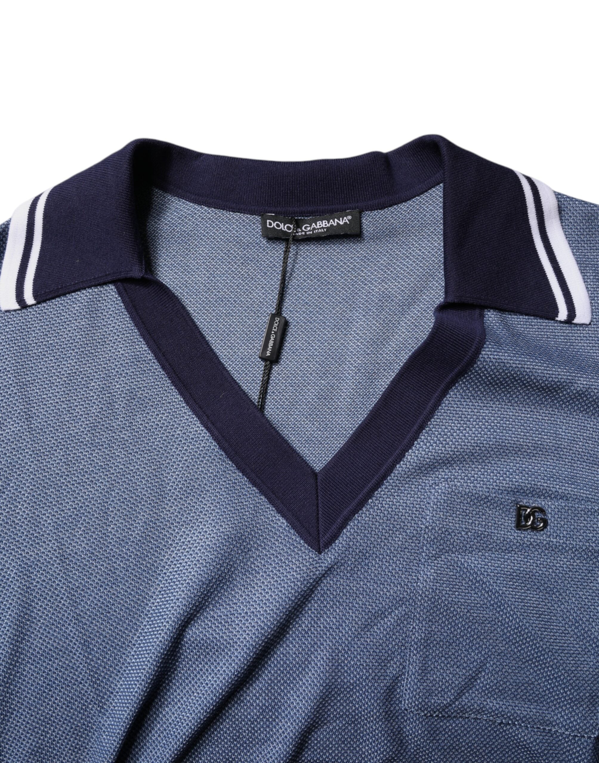 Dolce & Gabbana Blue Collared V-neck Silk Blend Polo T-shirt Dolce & Gabbana