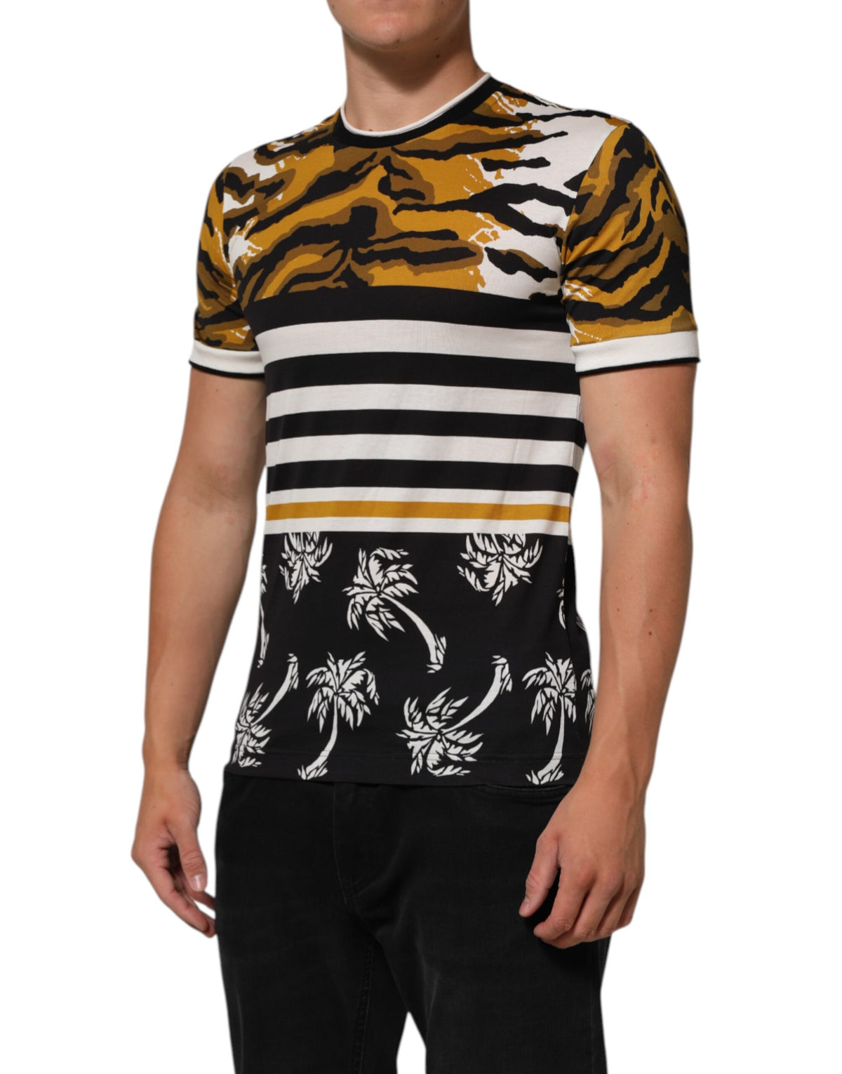 Dolce & Gabbana Multicolor Leopard Palm Leaf Men Crew Neck T-shirt