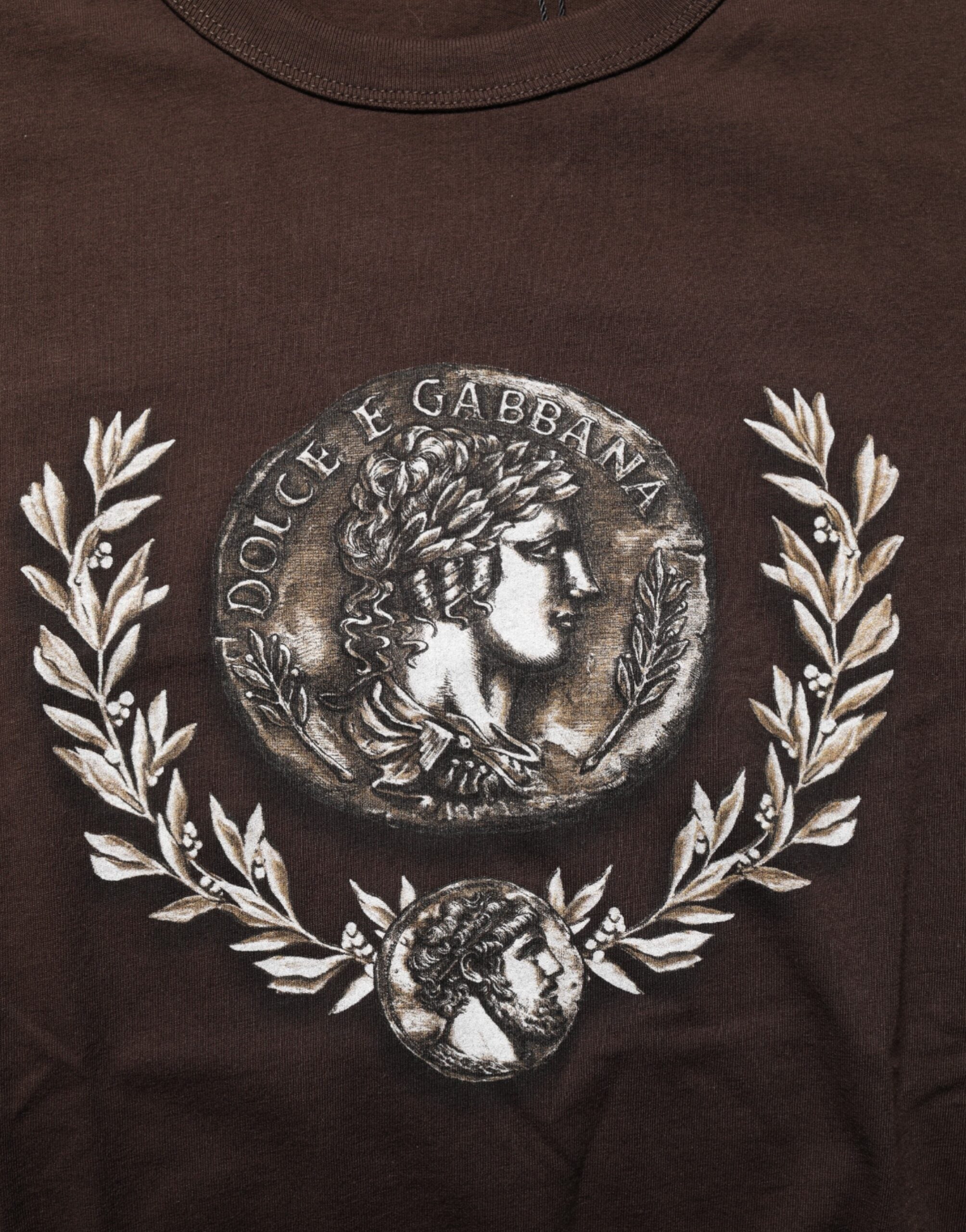 Dolce & Gabbana Brown Coin Laurel Print Men Crew Neck T-shirt Dolce & Gabbana